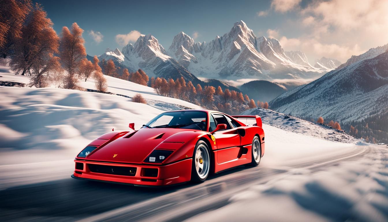 Ferrari f40 F40 Drives Past Snowy Mountains