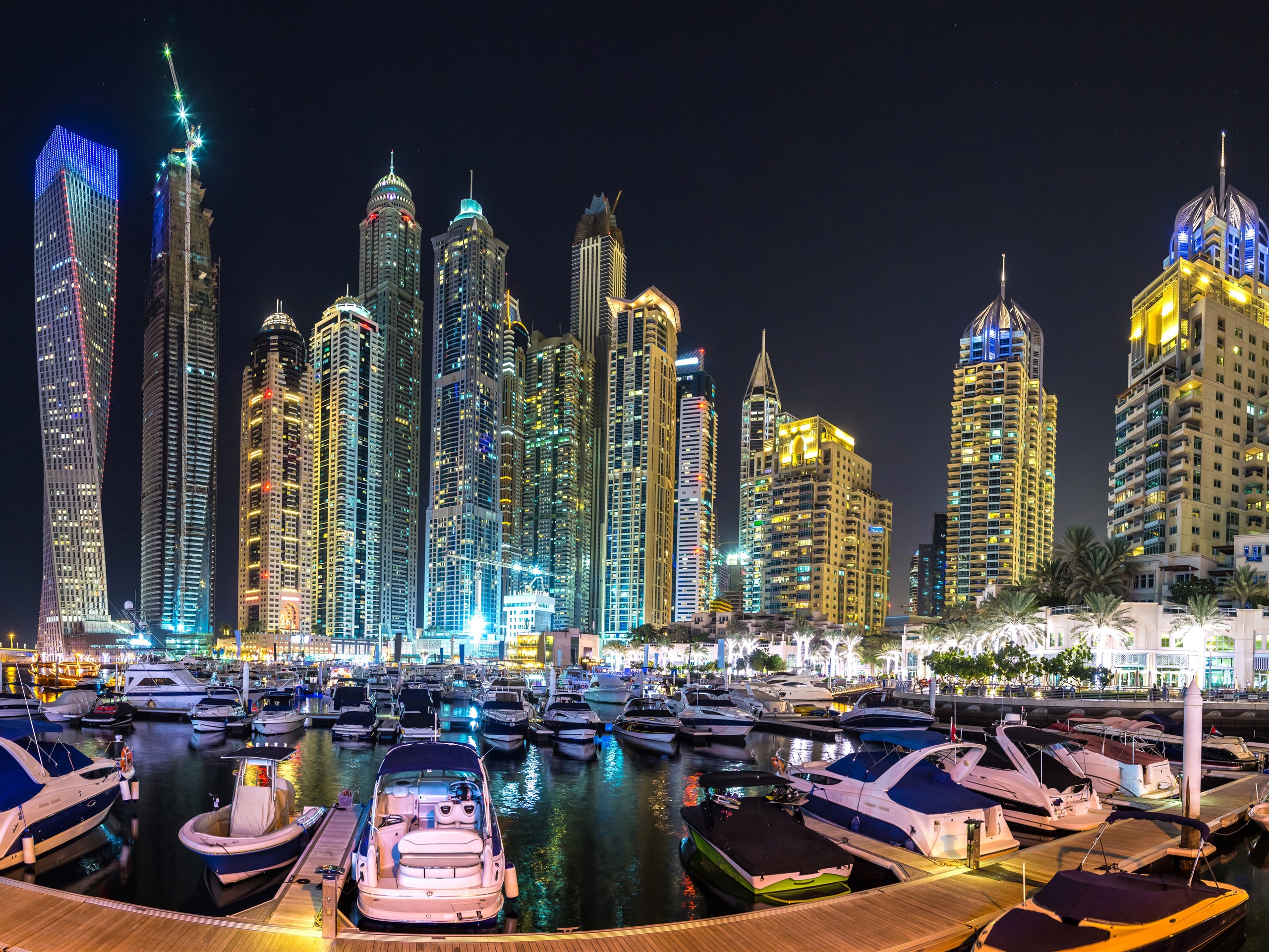 Wallpaper Dubai, skyscrapers, city night, boats, dock 7680x4320 UHD 8K Picture, Image