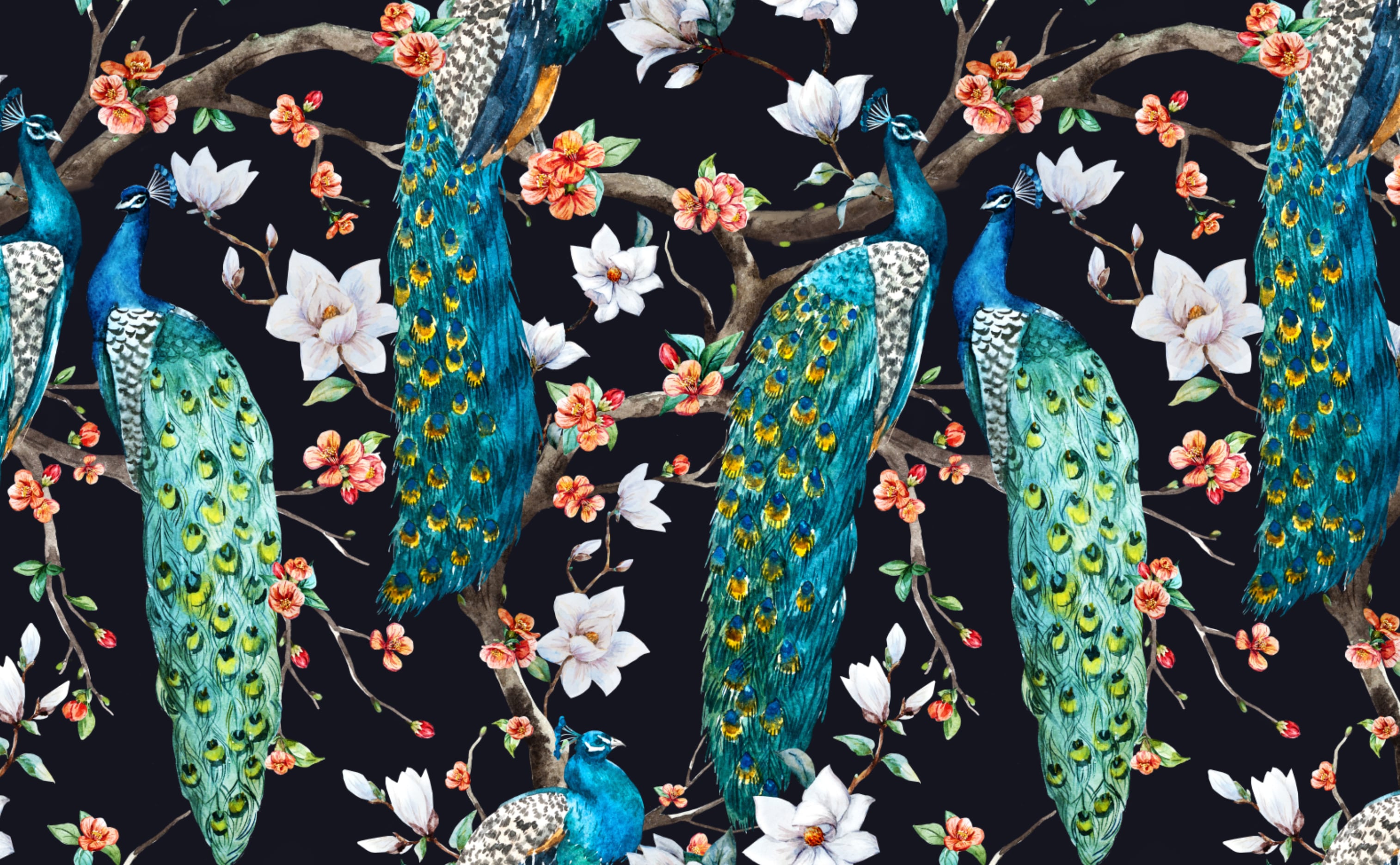 Victorian Peacocks On Black. Wallpaper And Stick Linen