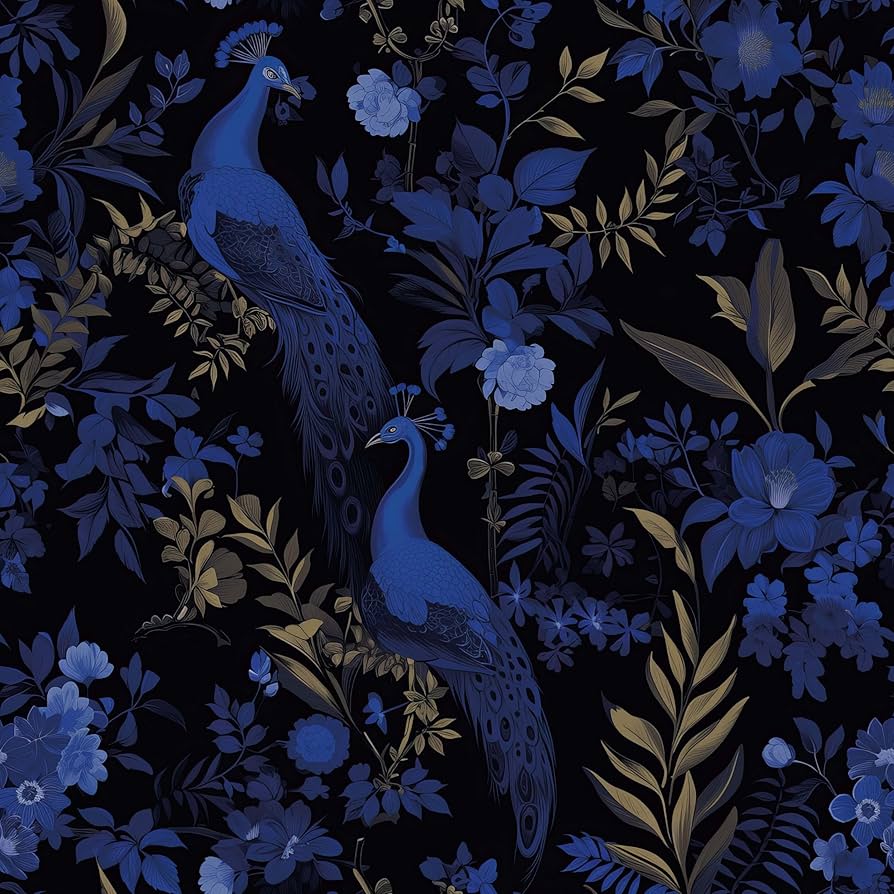 FLFK Black and Dark Blue Peacock Wallpaper, Peel and Stick Wall Mural for Living Room, Bedroom, Kitchen, Office, Apartment Decor 16x128