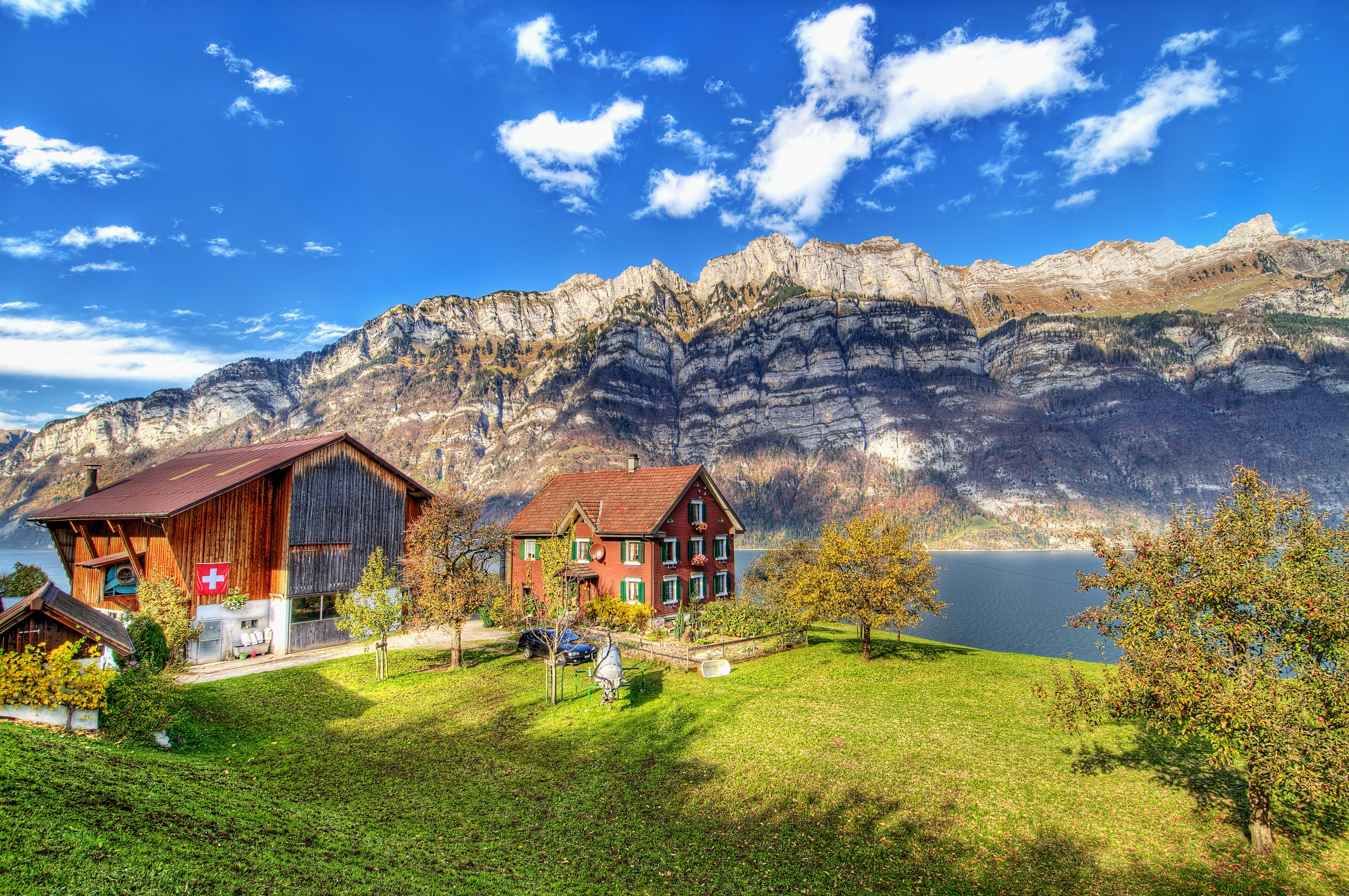 Wallpaper mountains, river, HDR, Switzerland, Switzerland, the cabin in the mountains, ultra hd, Runner mountain for mobile and desktop, section пейзажи, resolution 2560x1700