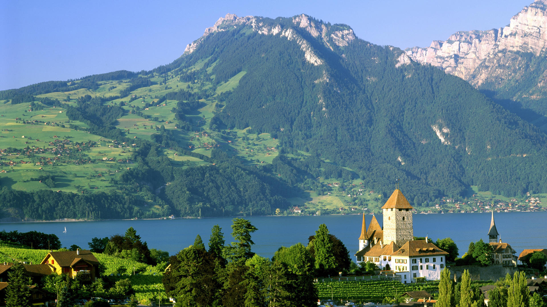Wallpaper lake, castle, Switzerland for mobile and desktop, section пейзажи, resolution 1920x1080