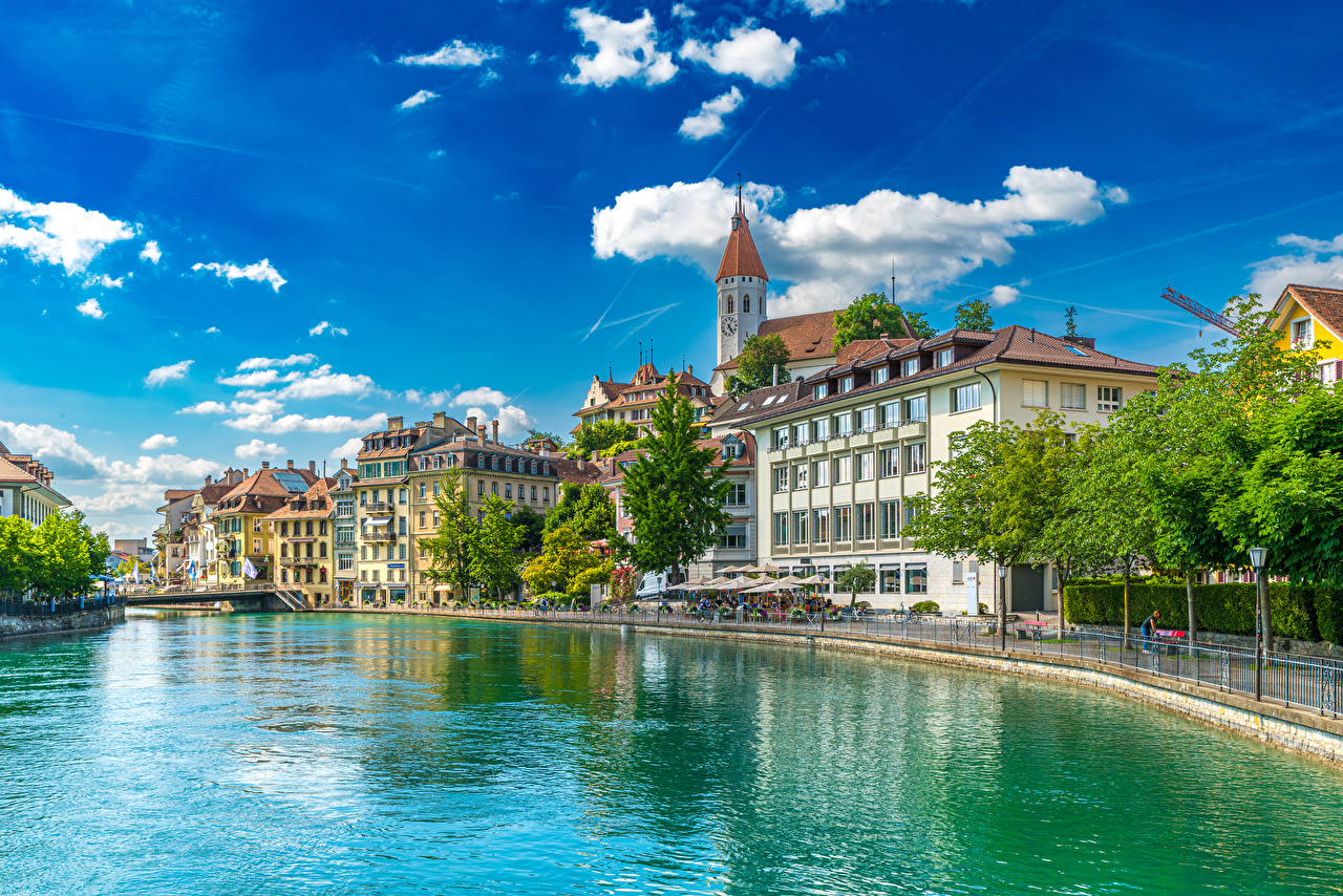 Desktop Wallpaper Switzerland Thun Sky Rivers Cities Clouds