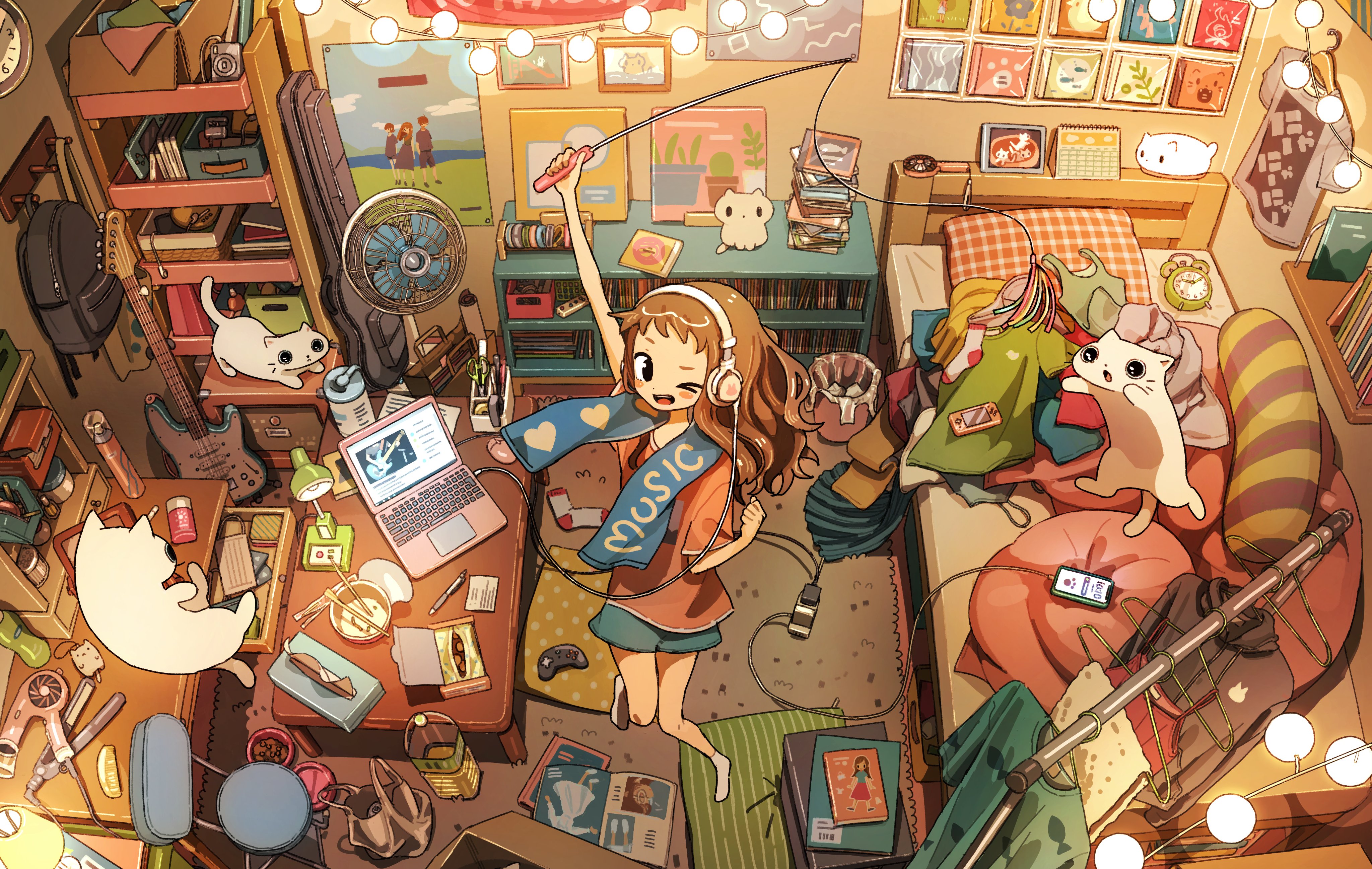 4K Ultra HD Anime Girl Vibes: Cozy Room & Playful Charm Wallpaper