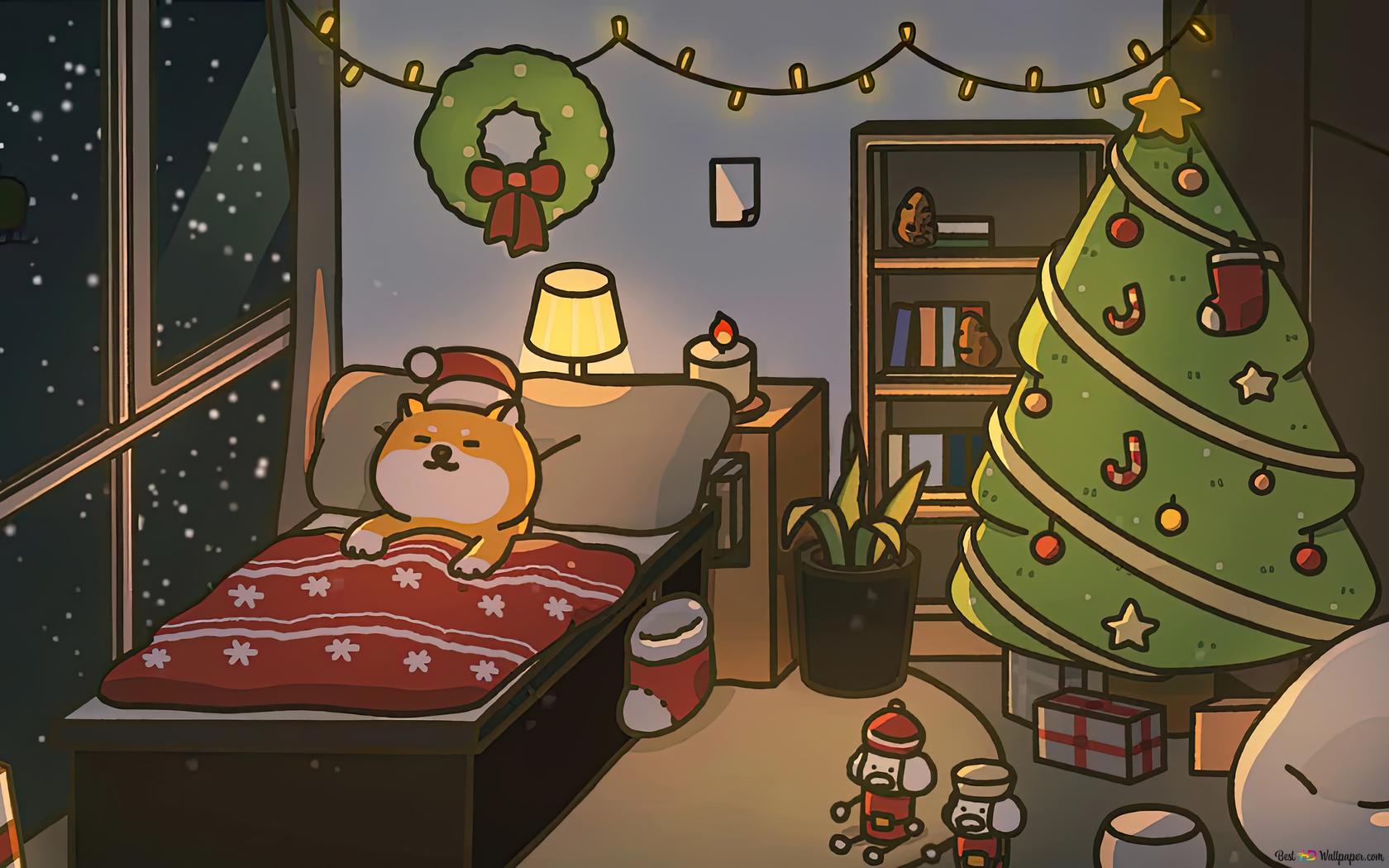 Chill Shiba Sleeping Christmas Room 4K wallpaper download