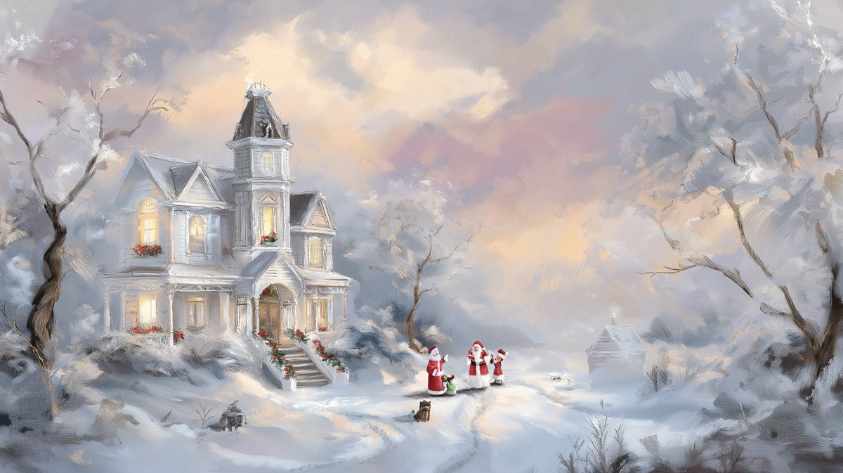 Impressionistic Snowy Victorian Mansion Mural Wallpaper. Soft Focus, Pastel Sky, Elegant Winter Scene