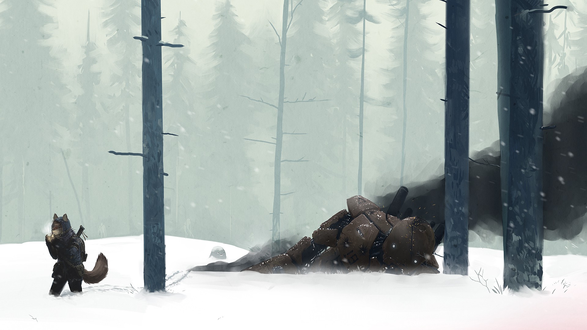 snow, Mech, Creature, Wood, Forest, Winter, Anime, Furry, Smoking Wallpaper HD / Desktop and Mobile Background
