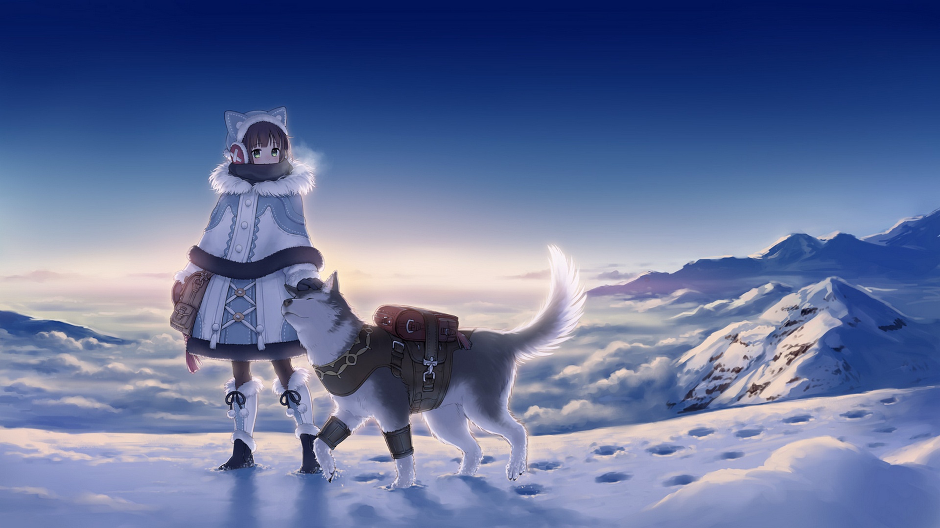 Wallpaper cold, winter, the sky, girl, snow, sunset, mountains, dog for mobile and desktop, section прочее, resolution 1920x1080