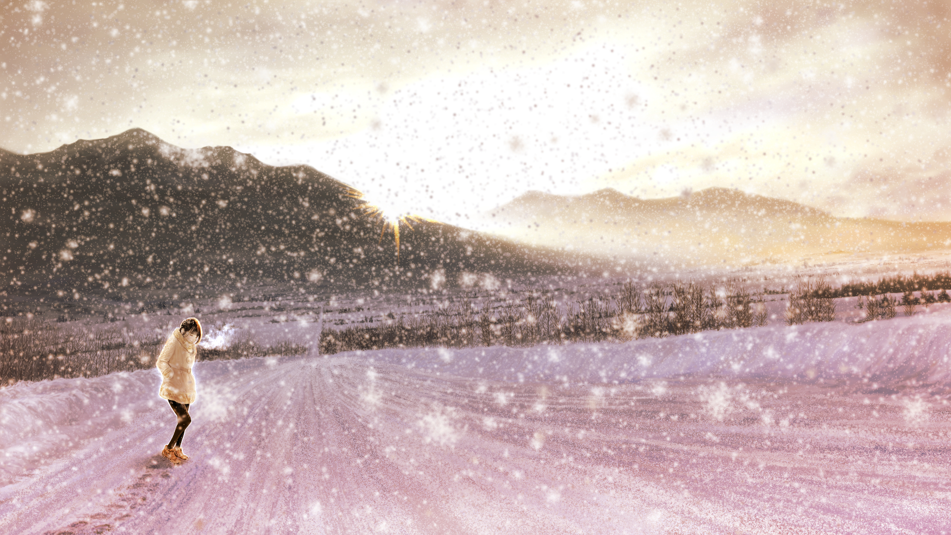 Desktop wallpaper: Anime, Original, Mountain, Snow, Sun, Winter 4K free download for PC. 876854