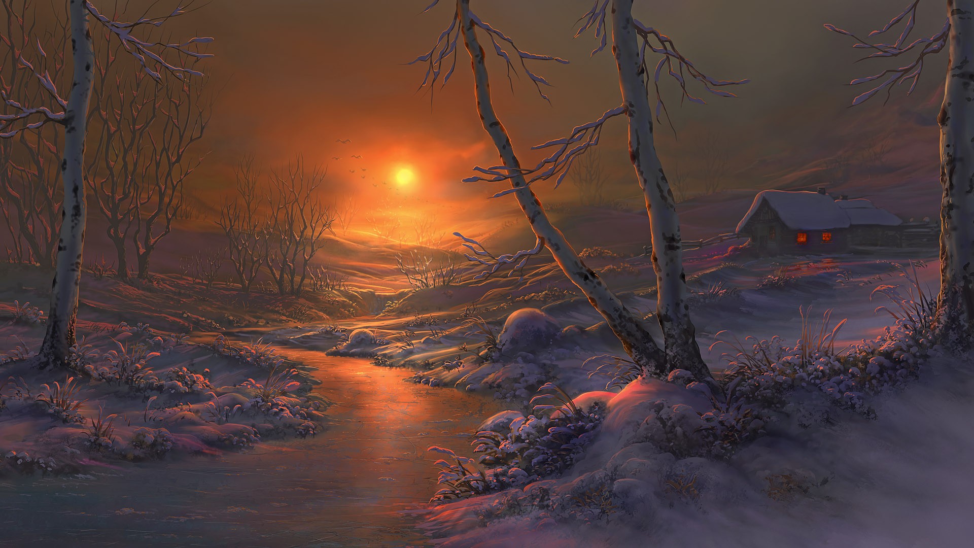 Anime Artistic Nature Sunset Snow Reflection HD Anime Wallpaper