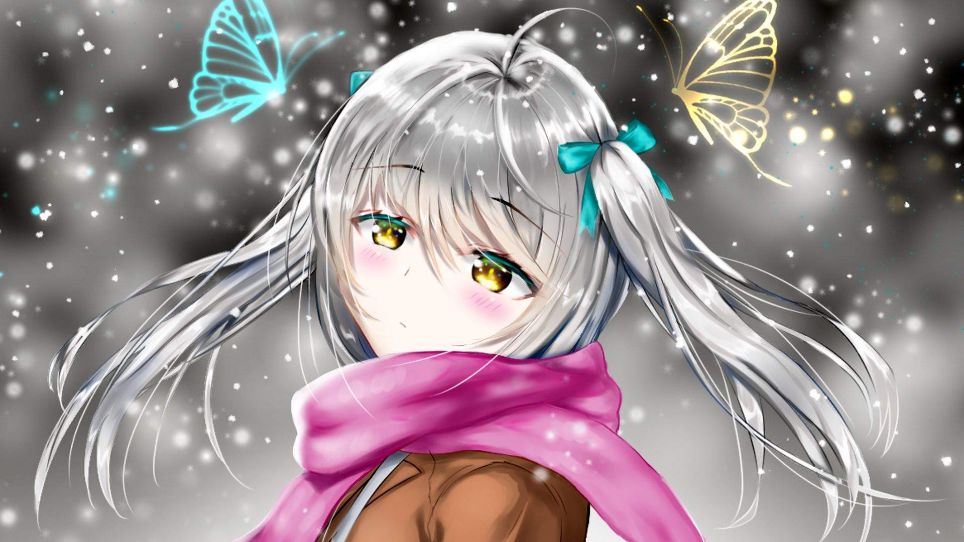 Download wallpaper 1920x1080 girl, scarf, snow, winter, anime, art full hd, hdtv, fhd, 1080p HD background