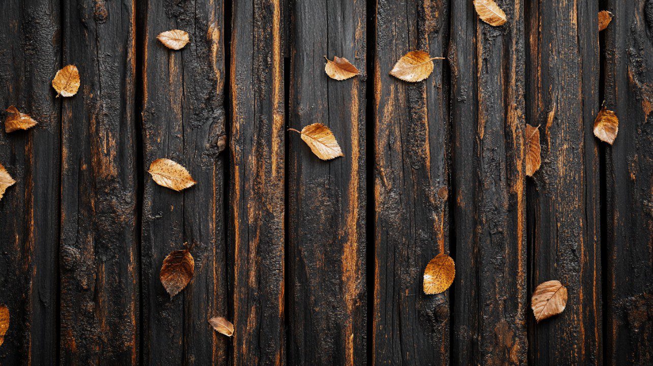 Dark Wooden Texture with Autumn Leaves