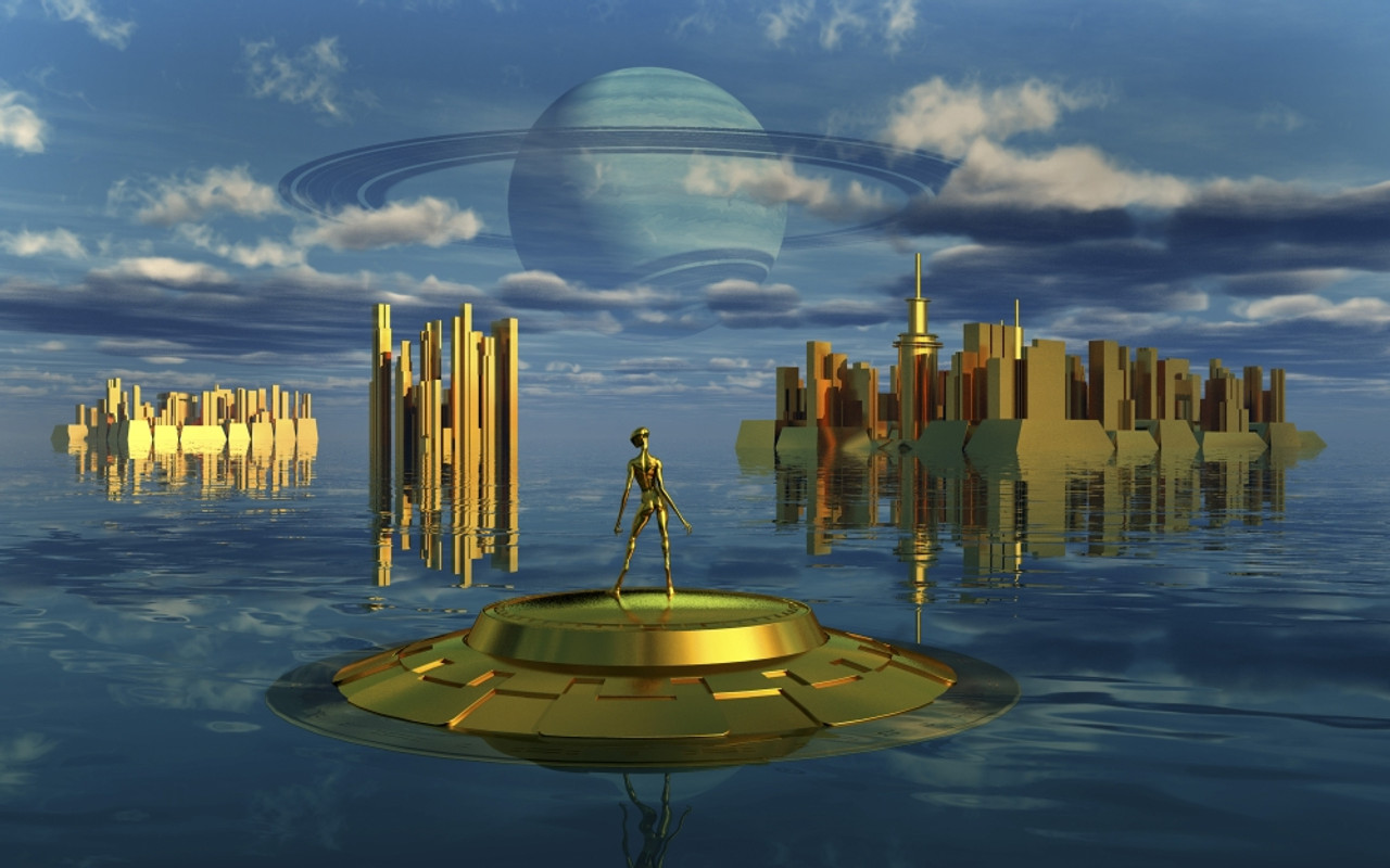 An Golden Alien Civilization On A Moon That Orbits A Ringed Planet. Poster Print By Mark Stevenson Stocktrek Image # VARPSTMAS200084S