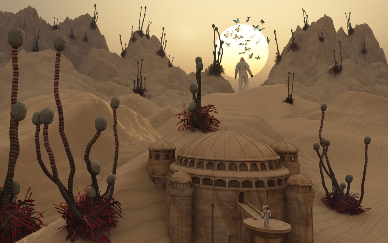 A mysterious alien world where the past and present meet, and astronaut explorers search the planet and ruins of a past civilization Poster Print # VARPSTMAS100296S