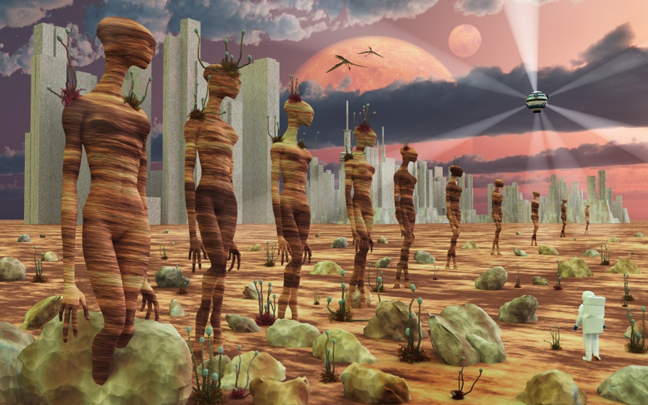 A humanoid archeologist astronaut exploring the remains of an ancient alien civilization Poster Print # VARPSTMAS100456S