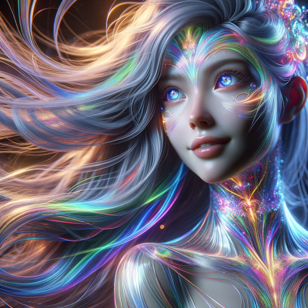 Fantasy female character with multicolored hair and radiant skin. Deep Dream Generator