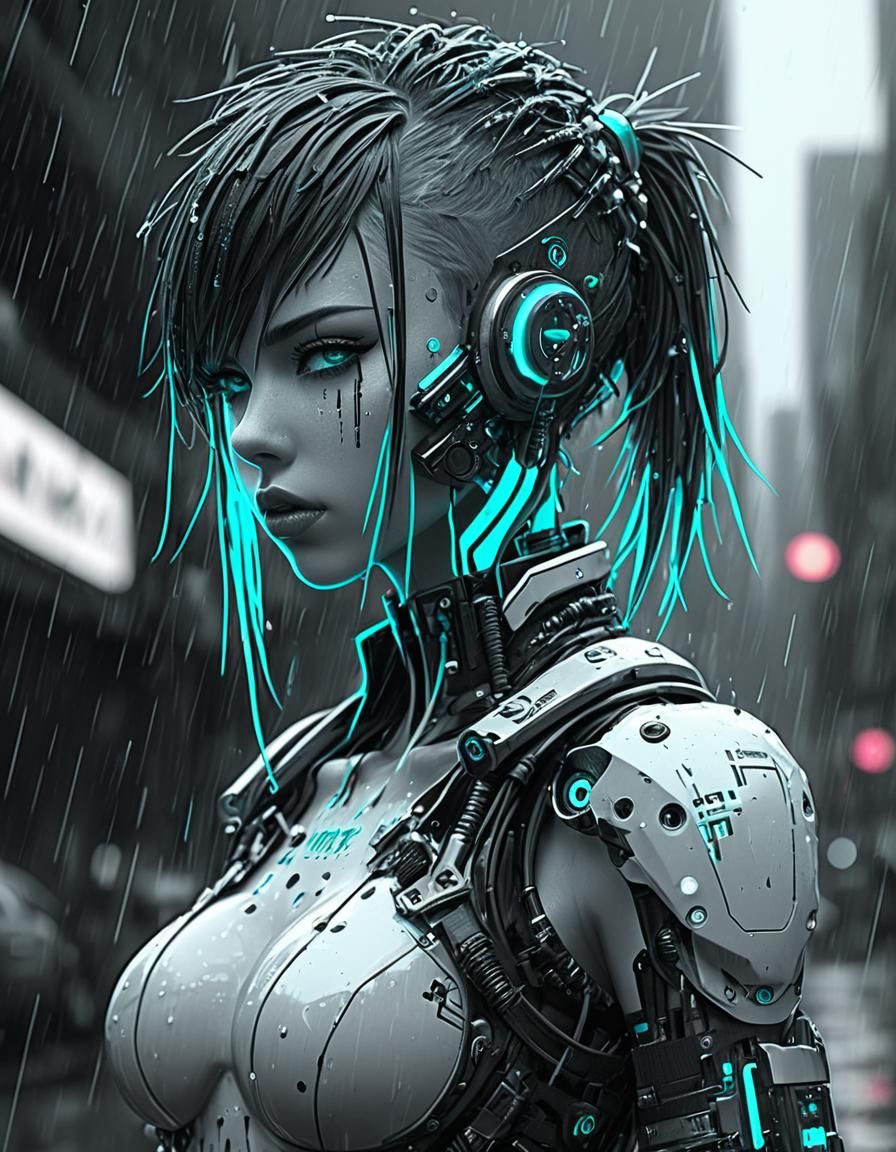 Cyberpunk Girl with Cybernetic Implants in Graysca