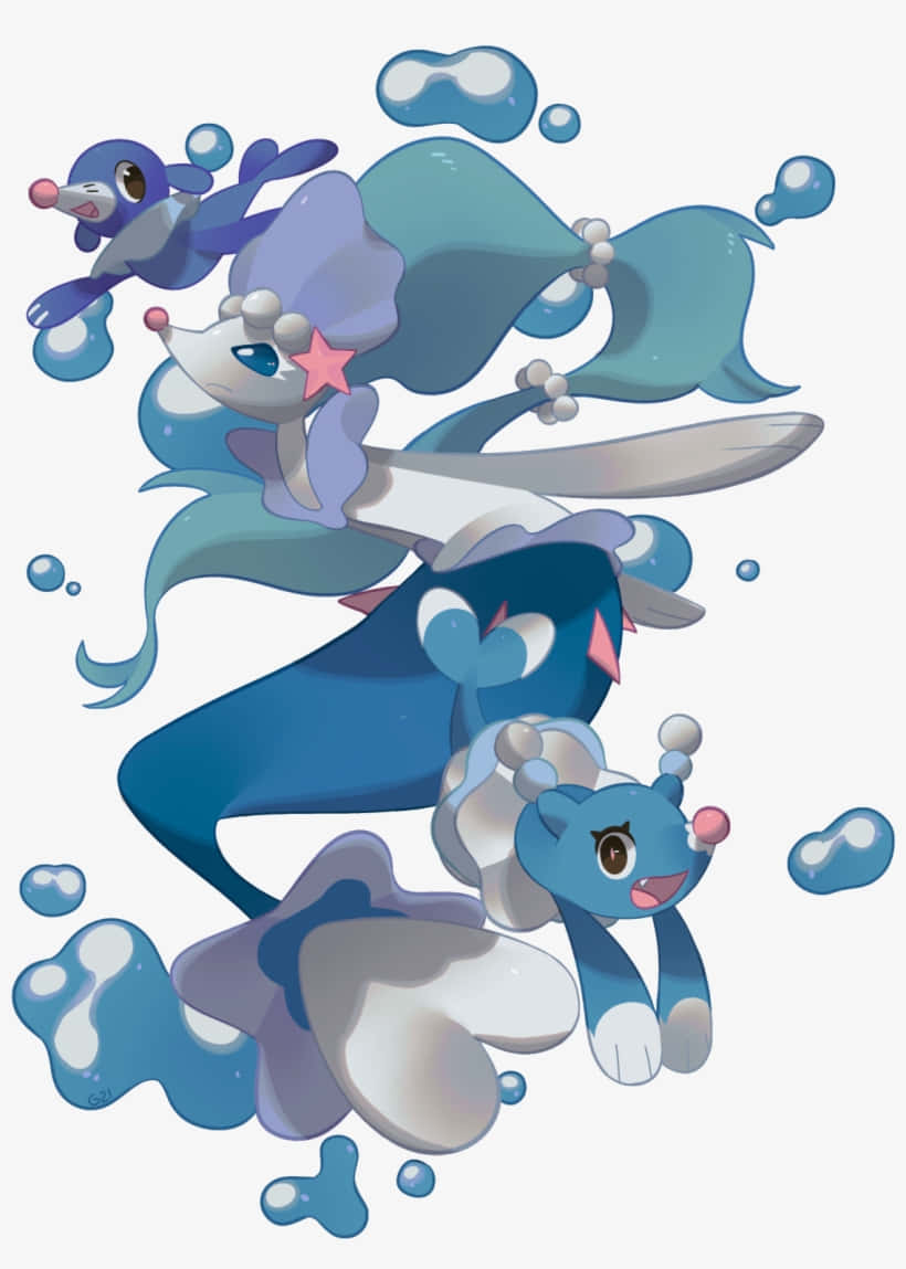 Download A Brionne, Popplio and Primarina cheering up together. Wallpaper