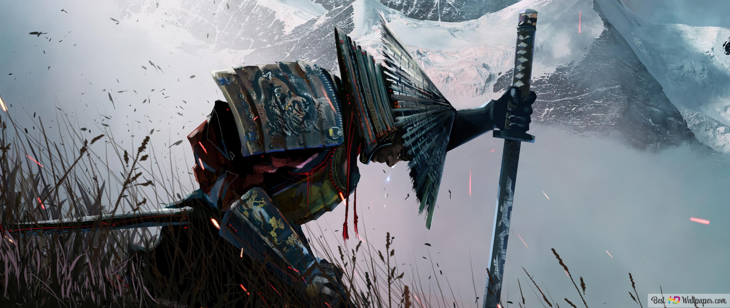 Samurai Kneeling Art 4K wallpaper download