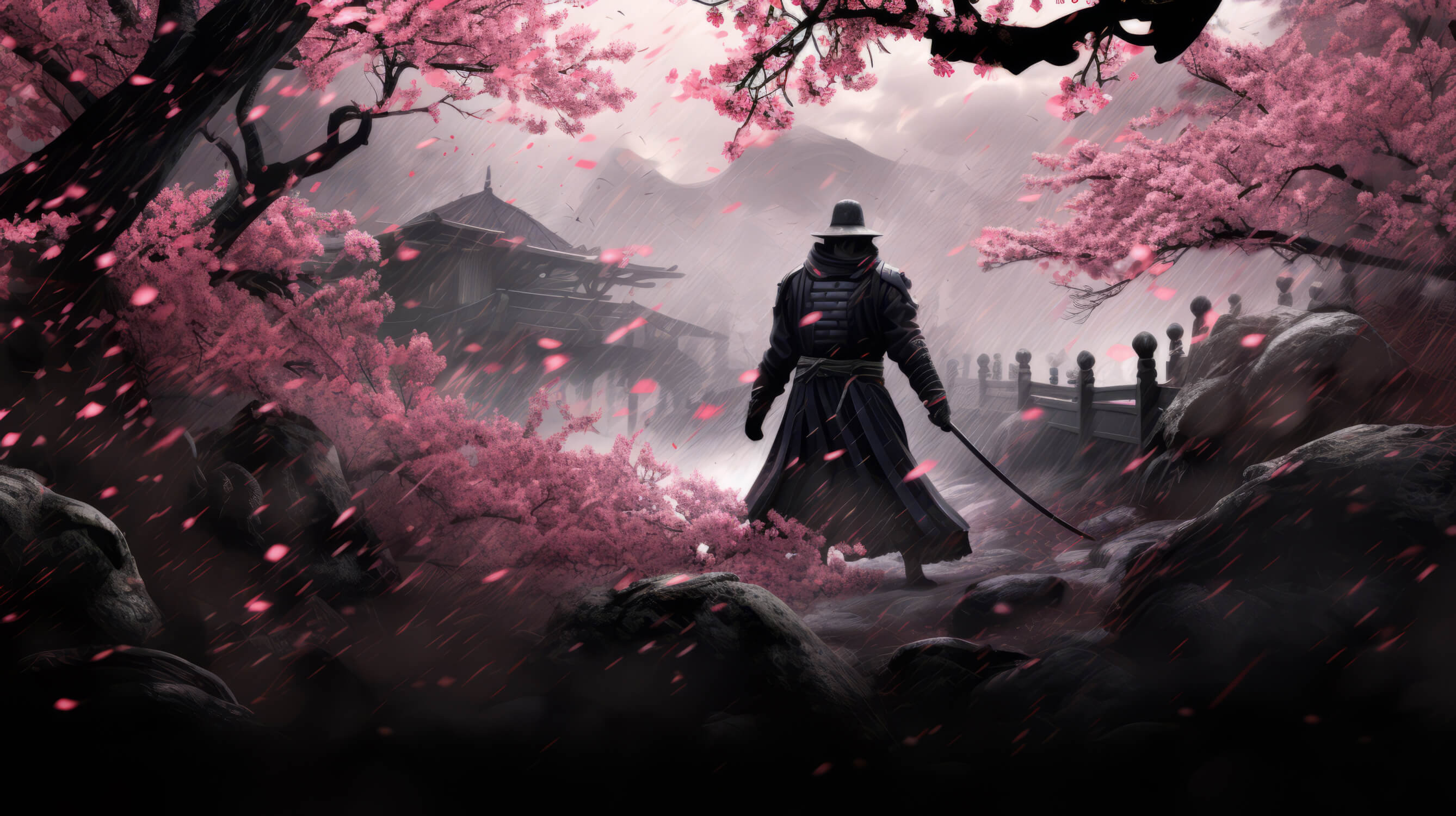 Japanese Mural Wallpaper. Samurai Under Cherry Blossoms