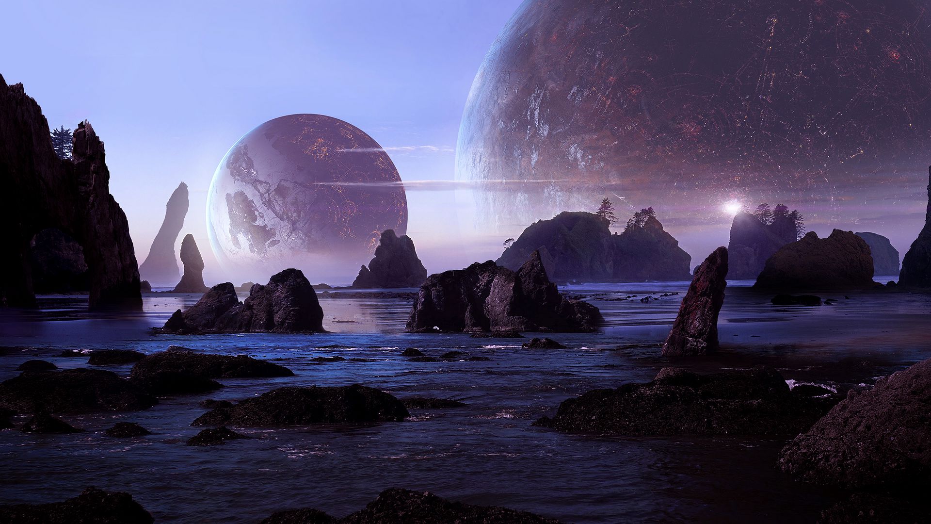 Download wallpaper 1920x1080 rocks, water, planets, landscape, 3D full hd, hdtv, fhd, 1080p HD background