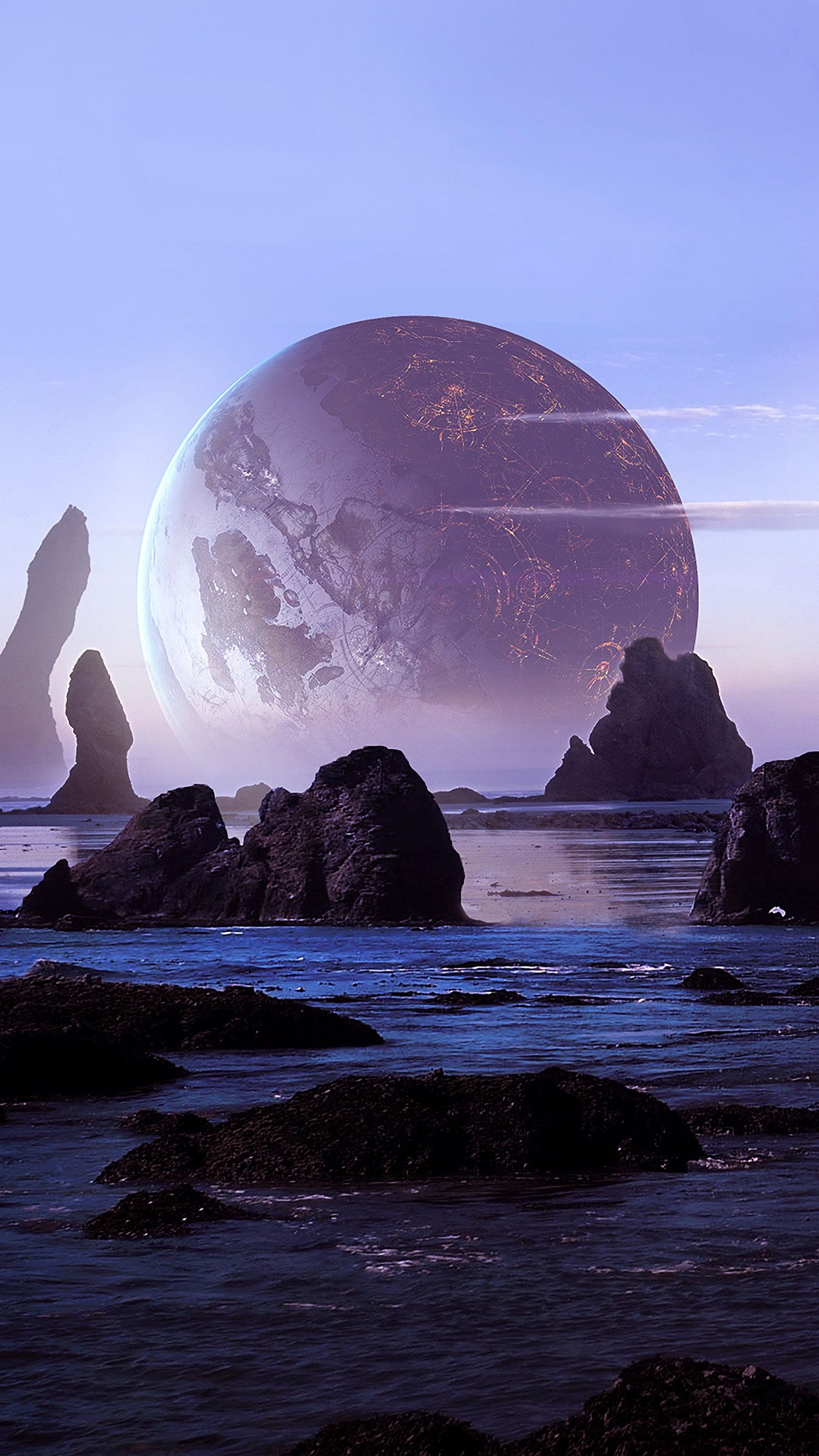 Download wallpaper 1350x2400 rocks, water, planets, landscape, 3D iphone 8+/7+/6s+/for parallax HD background