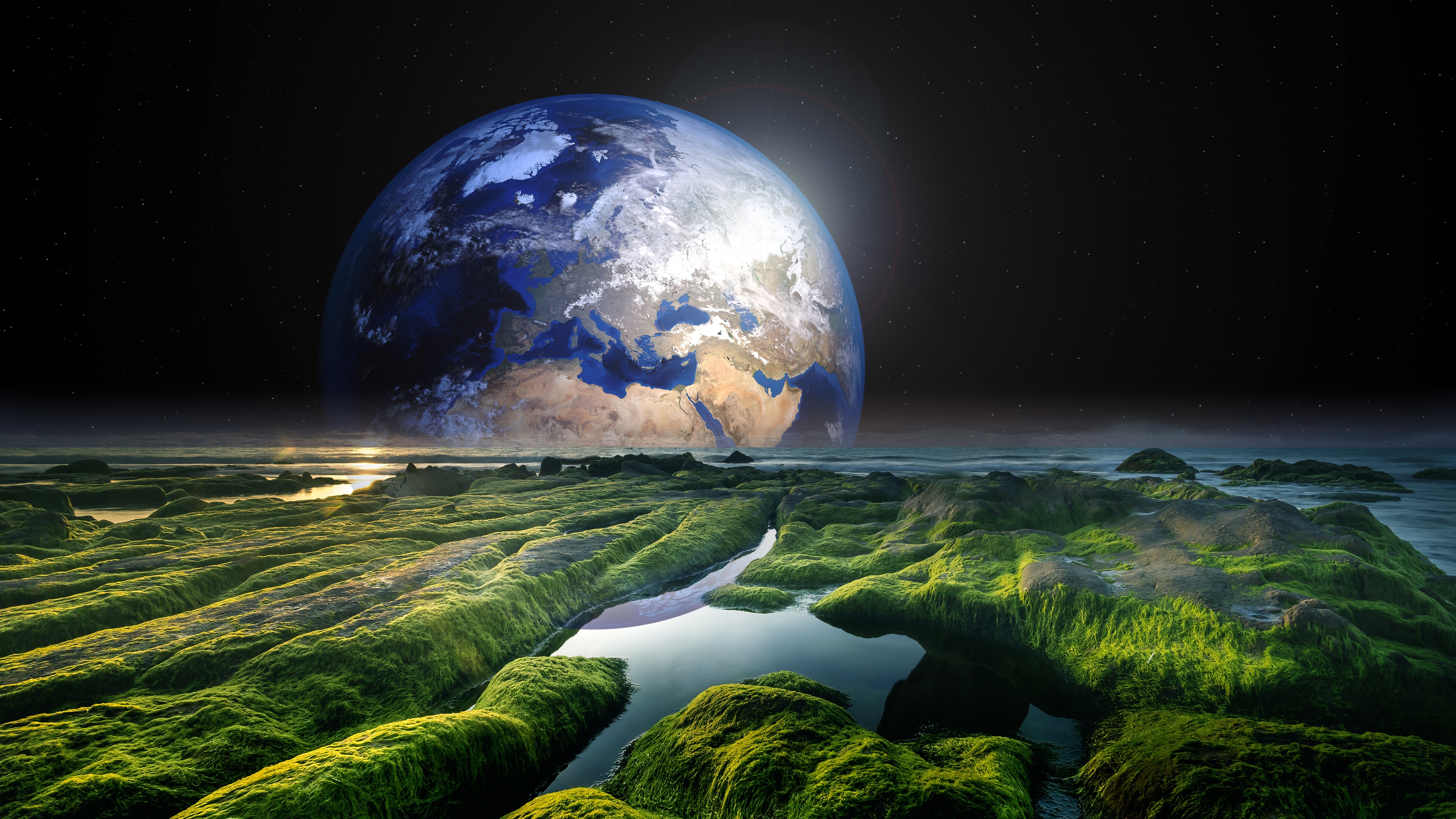 Earth Wallpaper 4K, Solaris, Stars, Green, Water, Sea