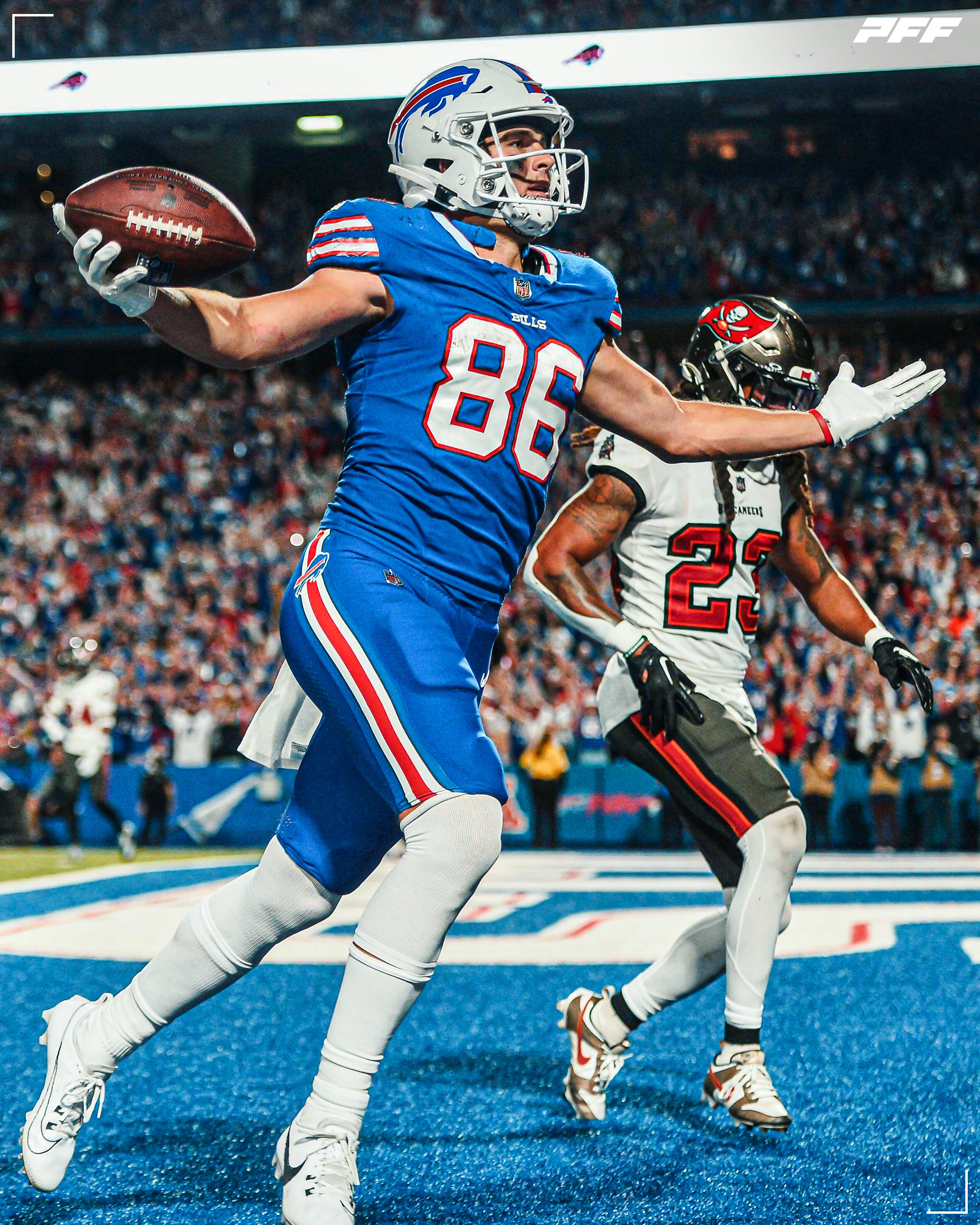 PFF в X: „Dalton Kincaid in his last two games