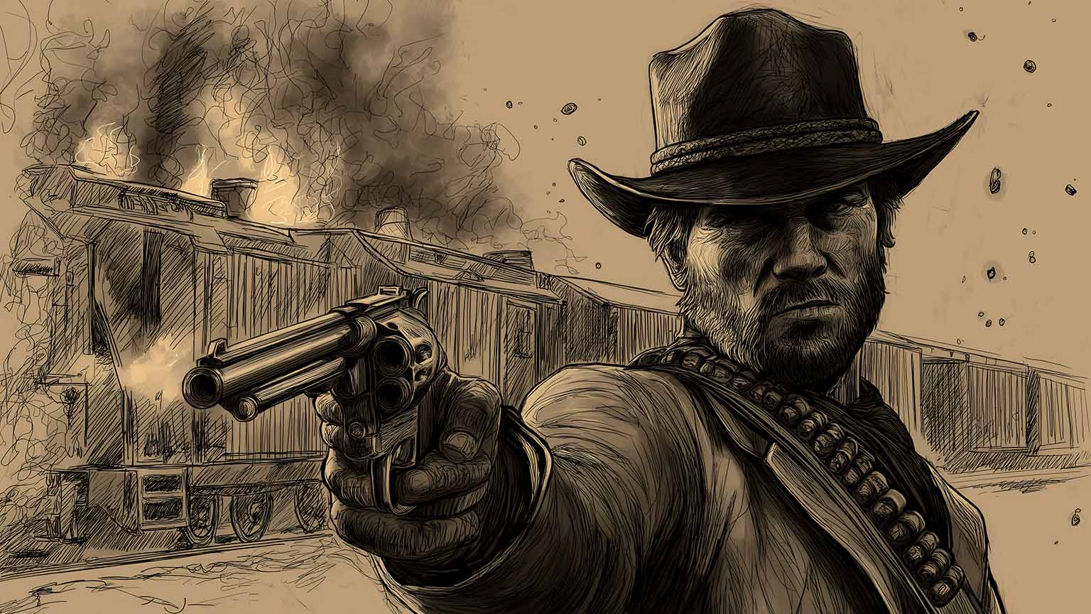 Free RDR2 Arthur Morgan Gun Train Station Desktop Wallpaper 4K