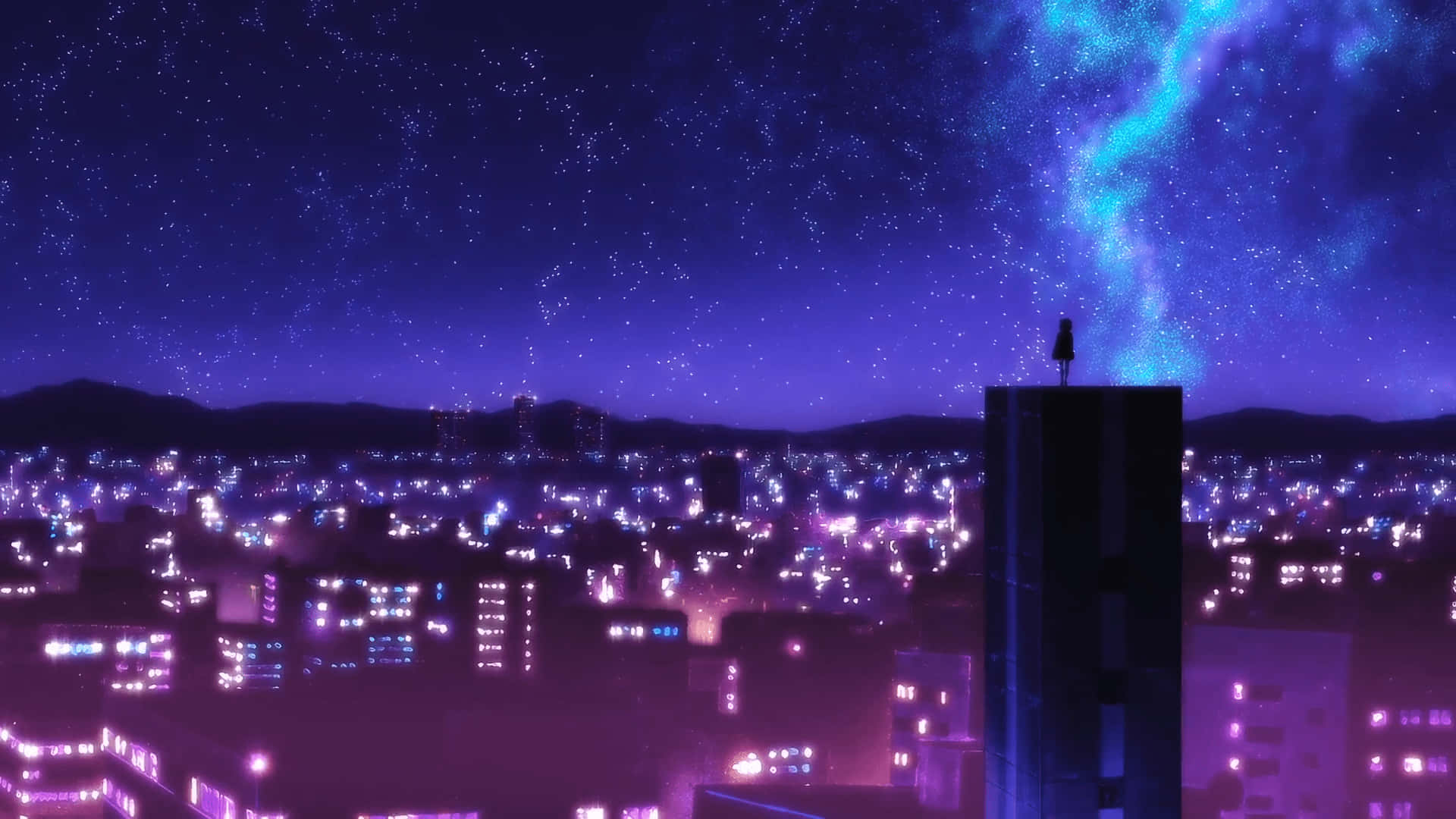 Download Purple Night Anime City Wallpaper