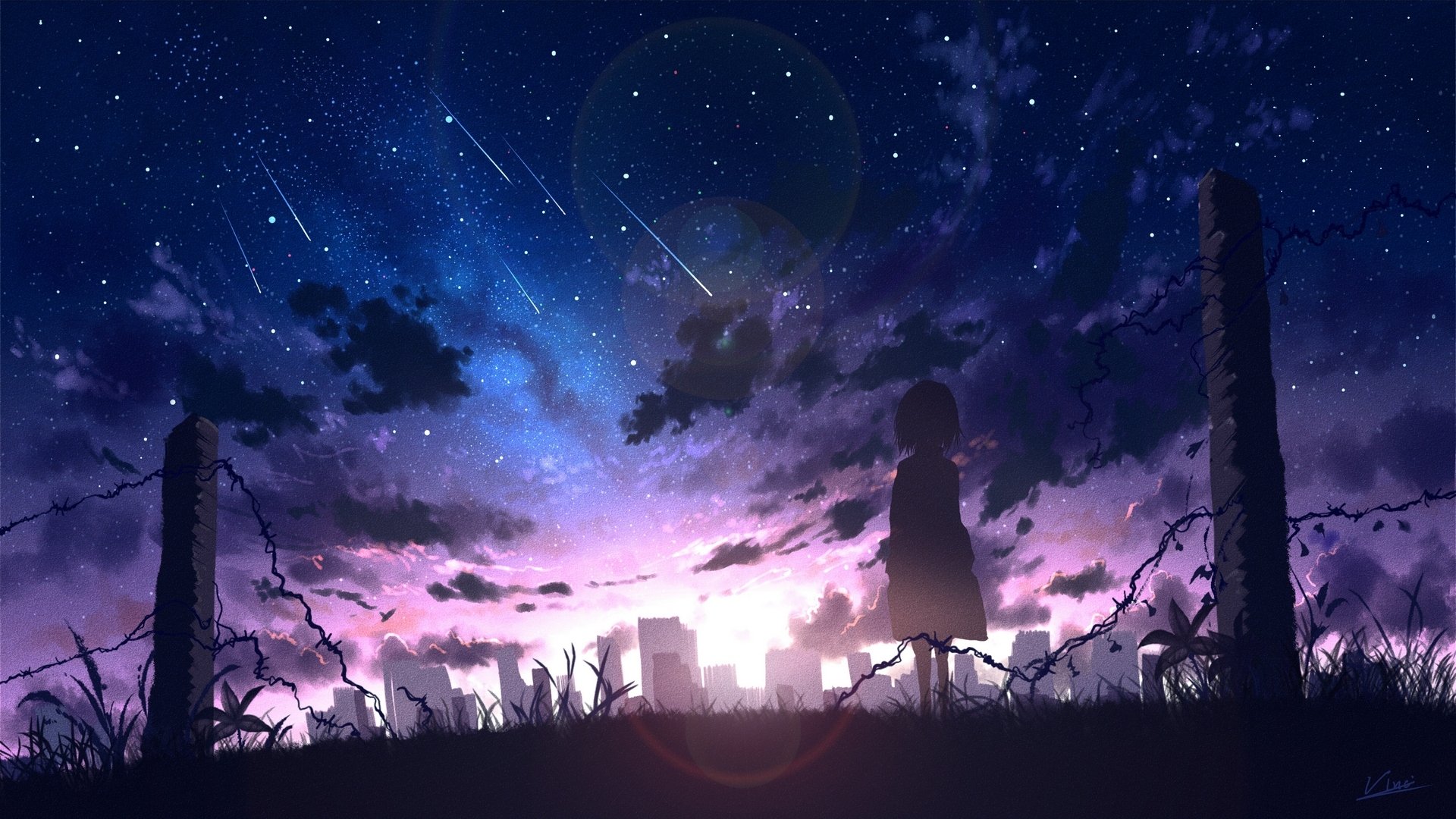 Dreamy Anime Night: HD Wallpaper of Shooting Stars and a Starry Sky by vinci_v柒