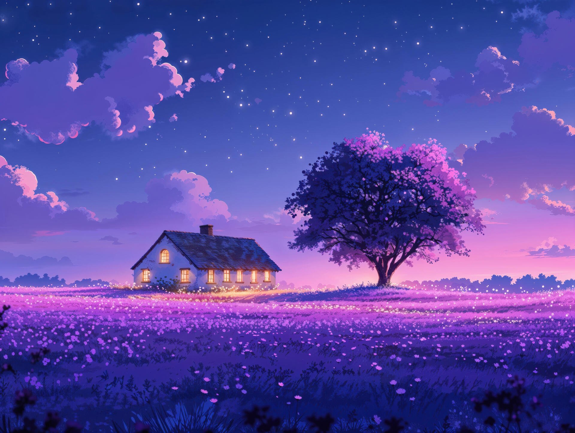 Purple Serenity: 4K Ultra HD Anime Landscape with a Charming House