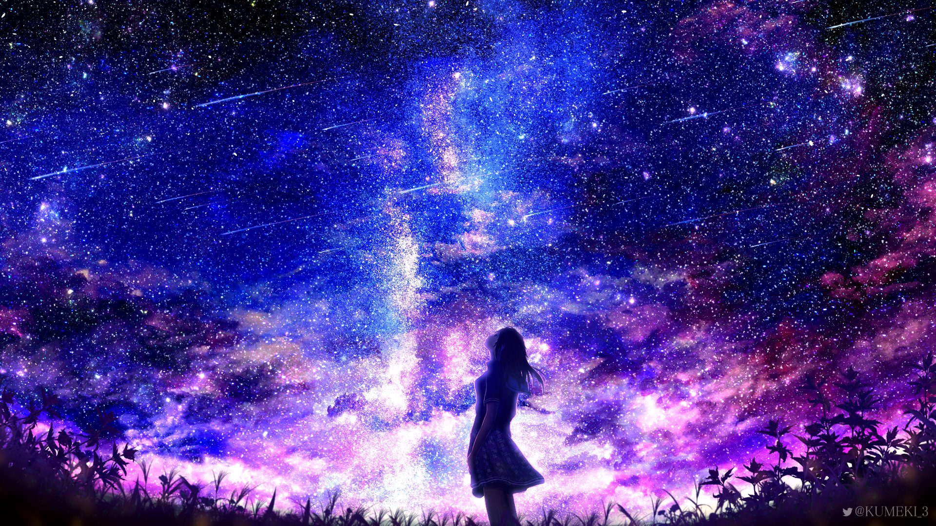 Starlit Dreams: Anime Girl Under the Shooting Star HD Wallpaper by クメキ