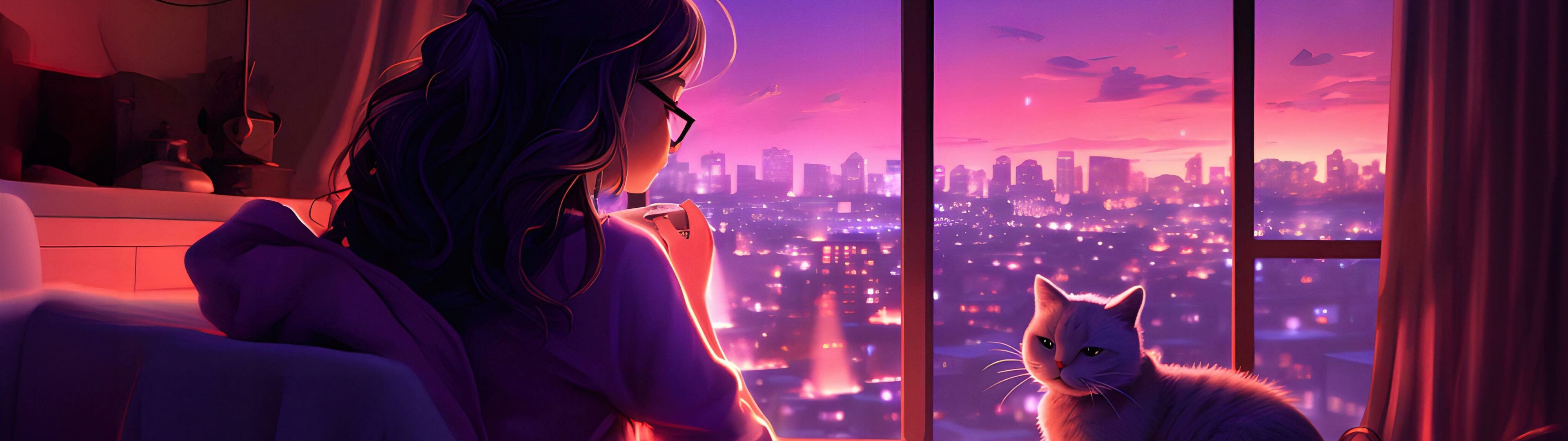 Lofi girl Wallpaper 4K, Cozy, Cat, Window, Alone