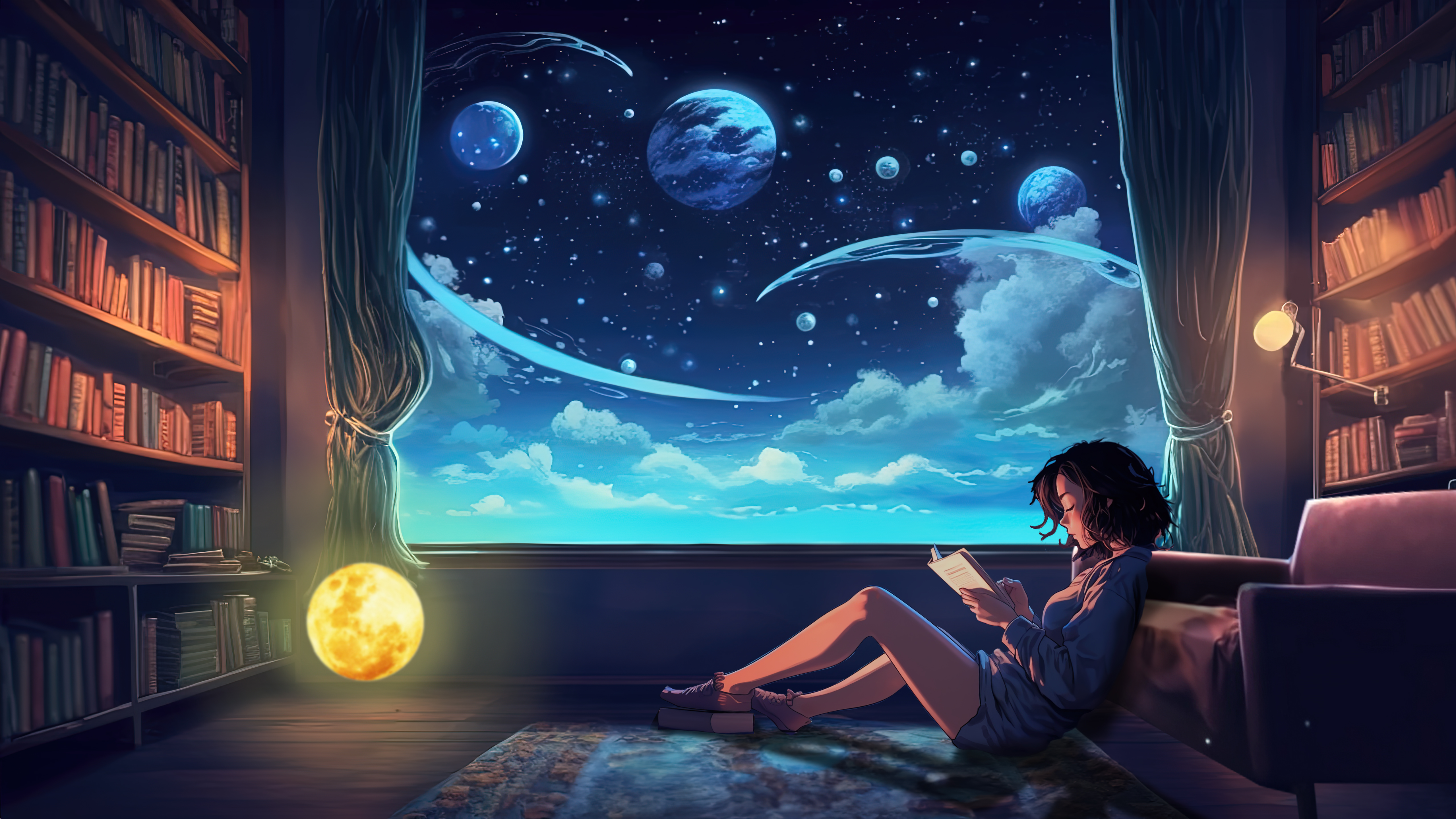 Lofi girl Wallpaper 4K, Reading book, Surreal, Room, Cozy