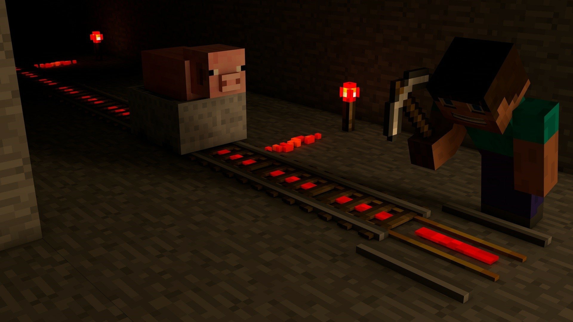 Minecraft Mining Adventure: HD Wallpaper with Steve and Pig on the Railroad