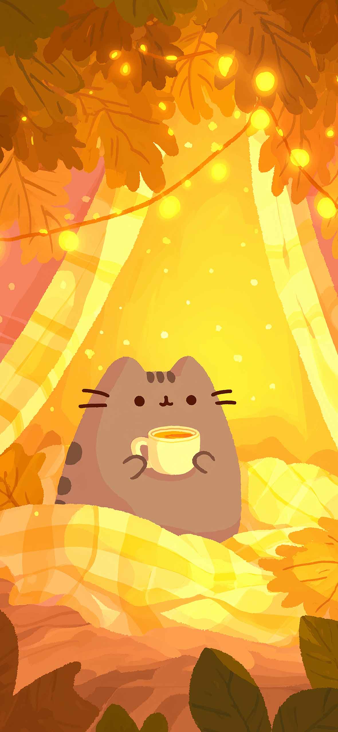 Pusheen Cat Autumn Cozy Tea Wallpaper Fall Wallpaper