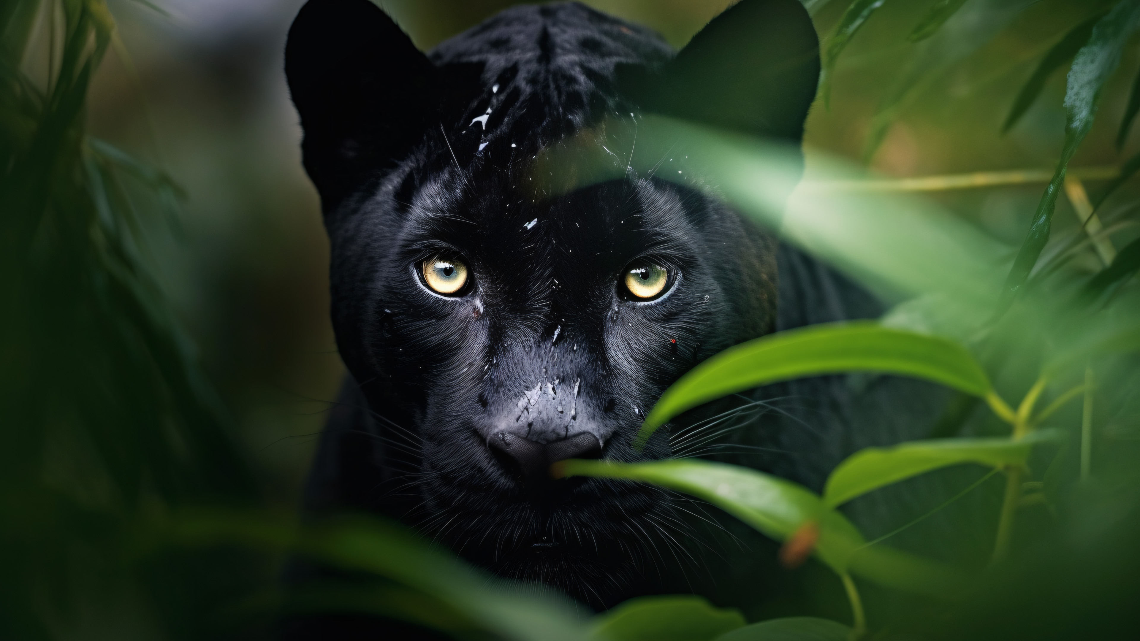Black Panther Animal Stare Look Green Blur Background 4K HD Black Panther Wallpaper