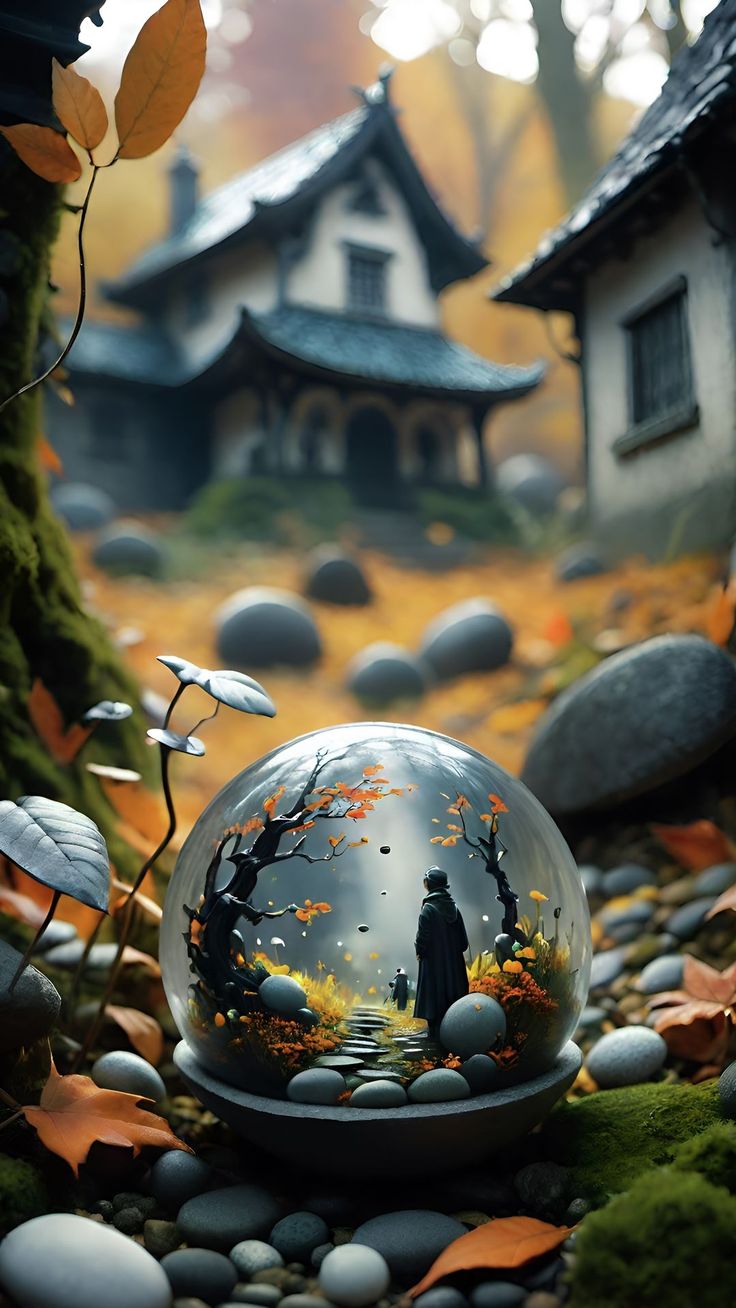 Wallpaper autumn, house, sphere, glass, world, fantasy, magically, art, Nature 4K by ???ℯℯ? ℳℴ?ℯ??? ?. Download wallpaper autumn, house, sphere, glass, world, fantasy, magically, art for free