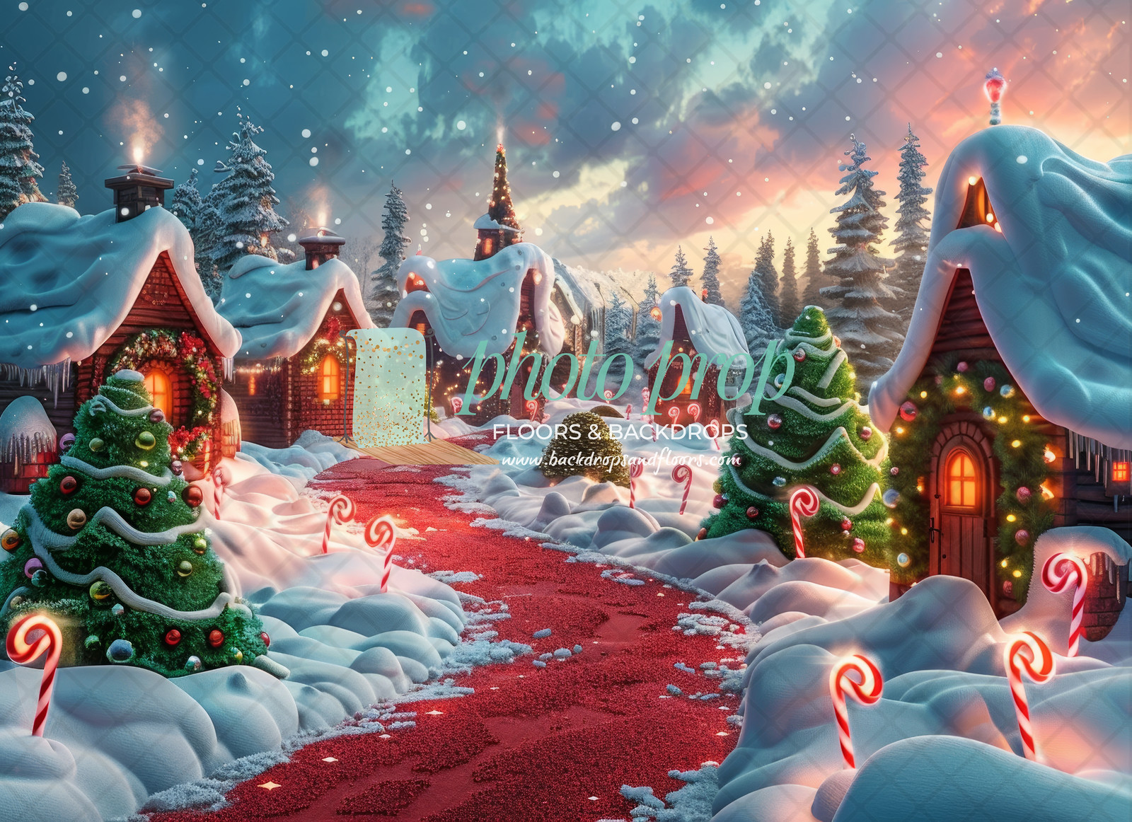 Whimsical Christmas Village, Cartoon Christmas Town, Colorful Holiday Wonderland, Curved Candy Cane Trees, Festive Whimsy Landscape, Playful