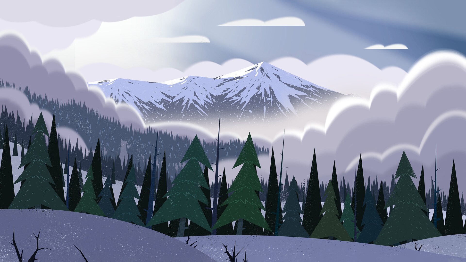 Wallpaper winter, snow, landscape, mountains, fog, tree, trees, art for mobile and desktop, section арт, resolution 1920x1080