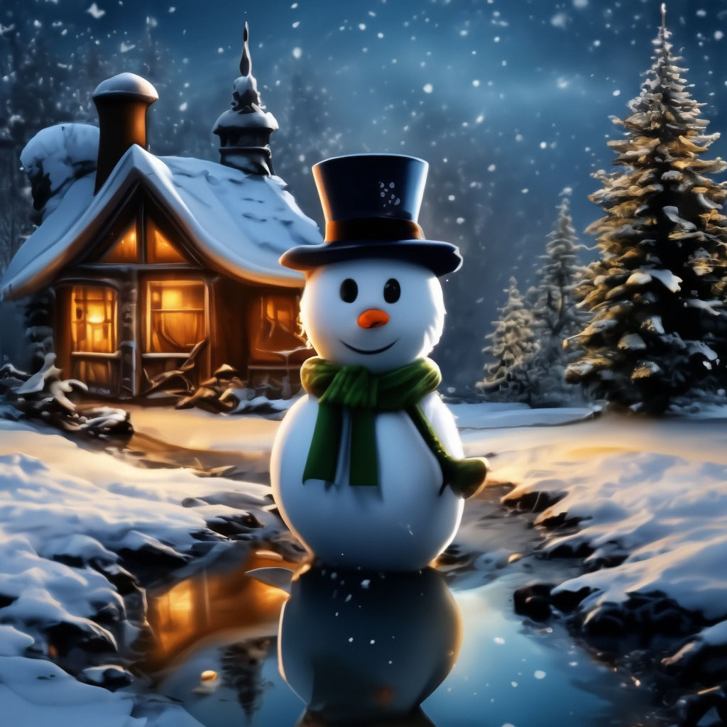 Cartoon, winter frosty night, Christmas tree, snowman on puddles, house