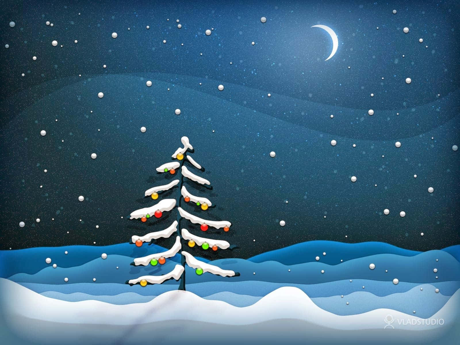 Download Christmas Tree Cartoon In Snowy Night Wallpaper