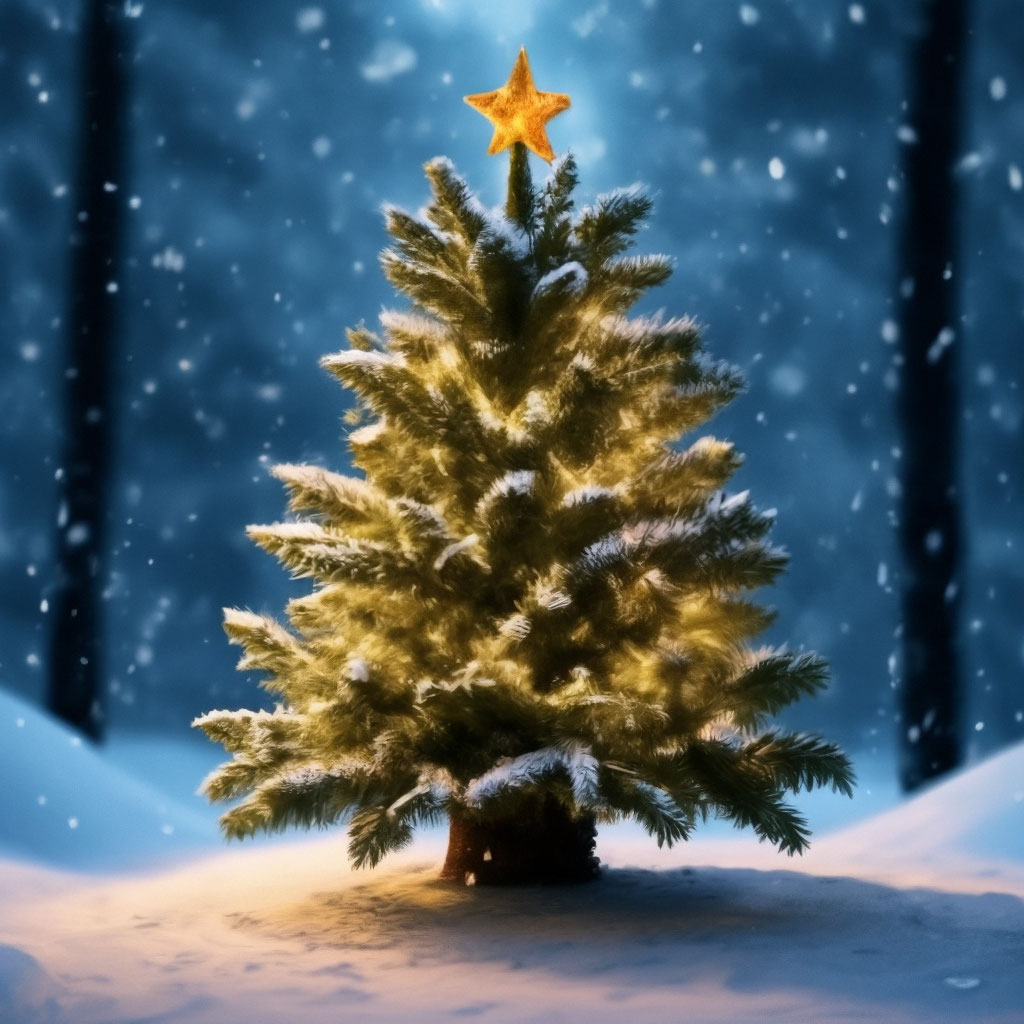 Christmas tree in a beautiful winter forest, snowflakes falling, lots of details, stylized graphics, cartoon, Pixar