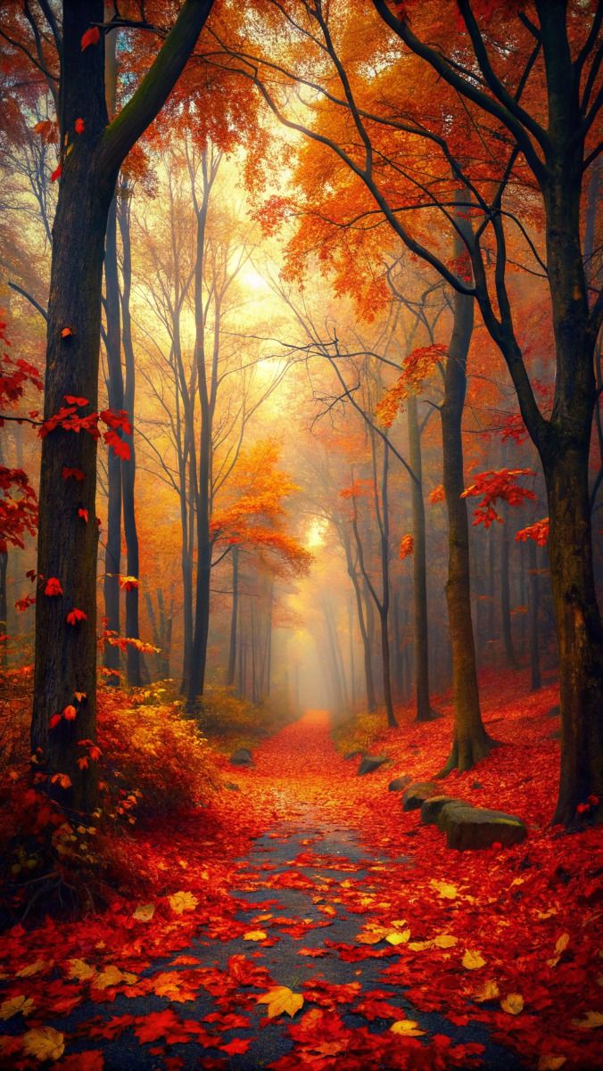 fantasy autumn forest view, phone wallpaper