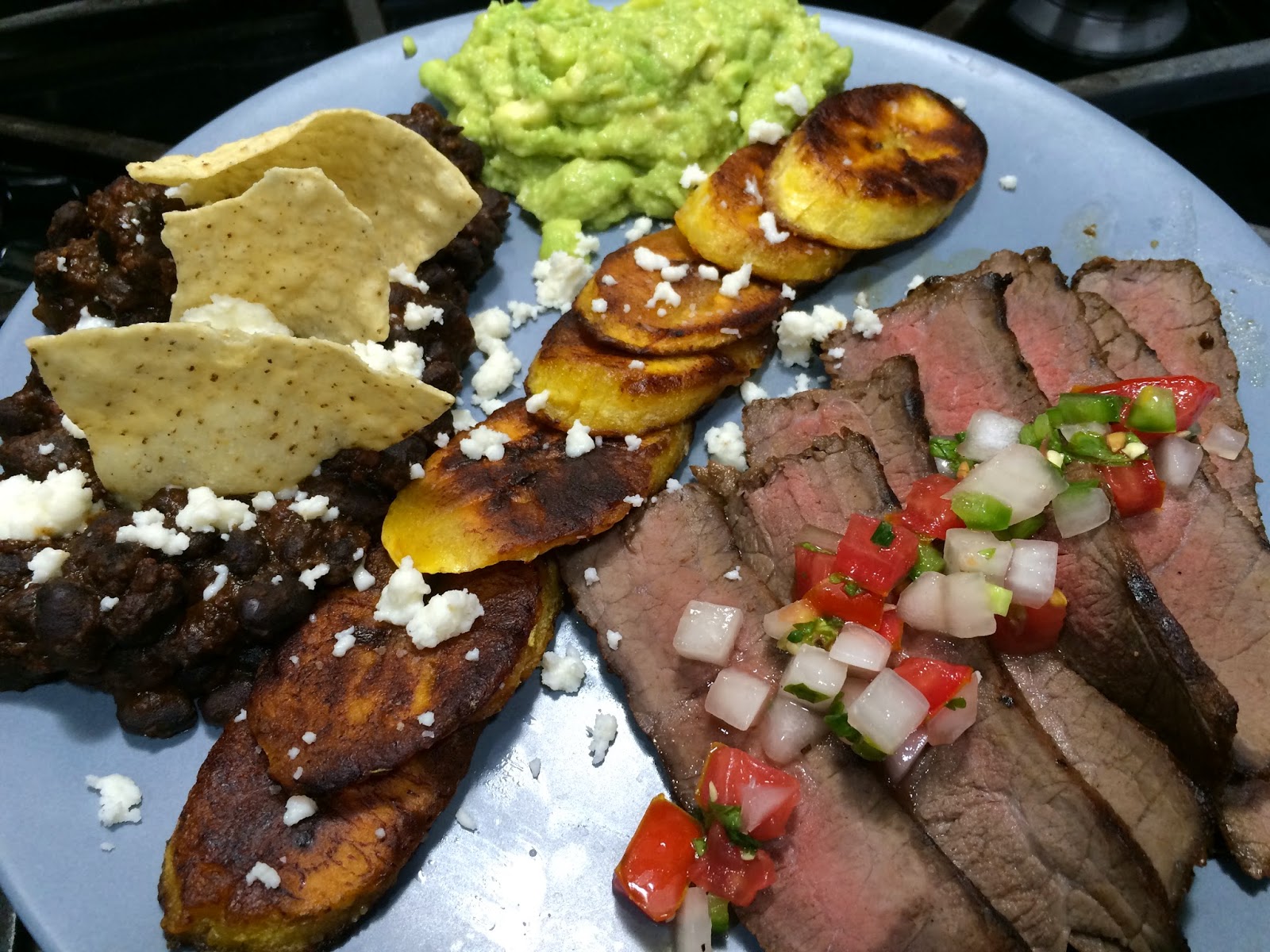 Cooking with SAHD: Carne Asada with Chorizo Black Beans, Sweet Plantains, Simple Guacamole and Pico de Gallo