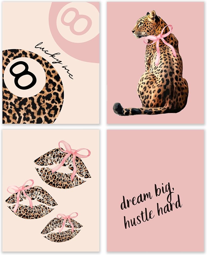 BESERH Trendy Leopard Wall Decor, Preppy Cheetah Wall Art Prints, Funky Pink Leopard Print Lucky 8 Ball Lips Posters for Girls Room Dorm Apartment, 8x10 Inches Set of 4 Unframed: Posters