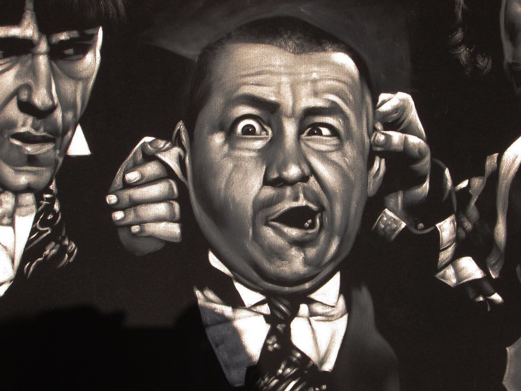 Three Stooges; Moe, Larry Fine, and Curly Howard; Original Oil painting on Black Velvet by Zenon Matias Jimenez- #JM121