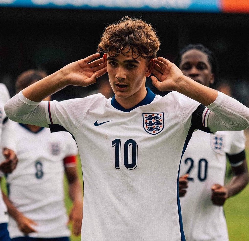 Max Dowman, at 14, playing with England U17, wearing the , celebrating his goal yesterday
