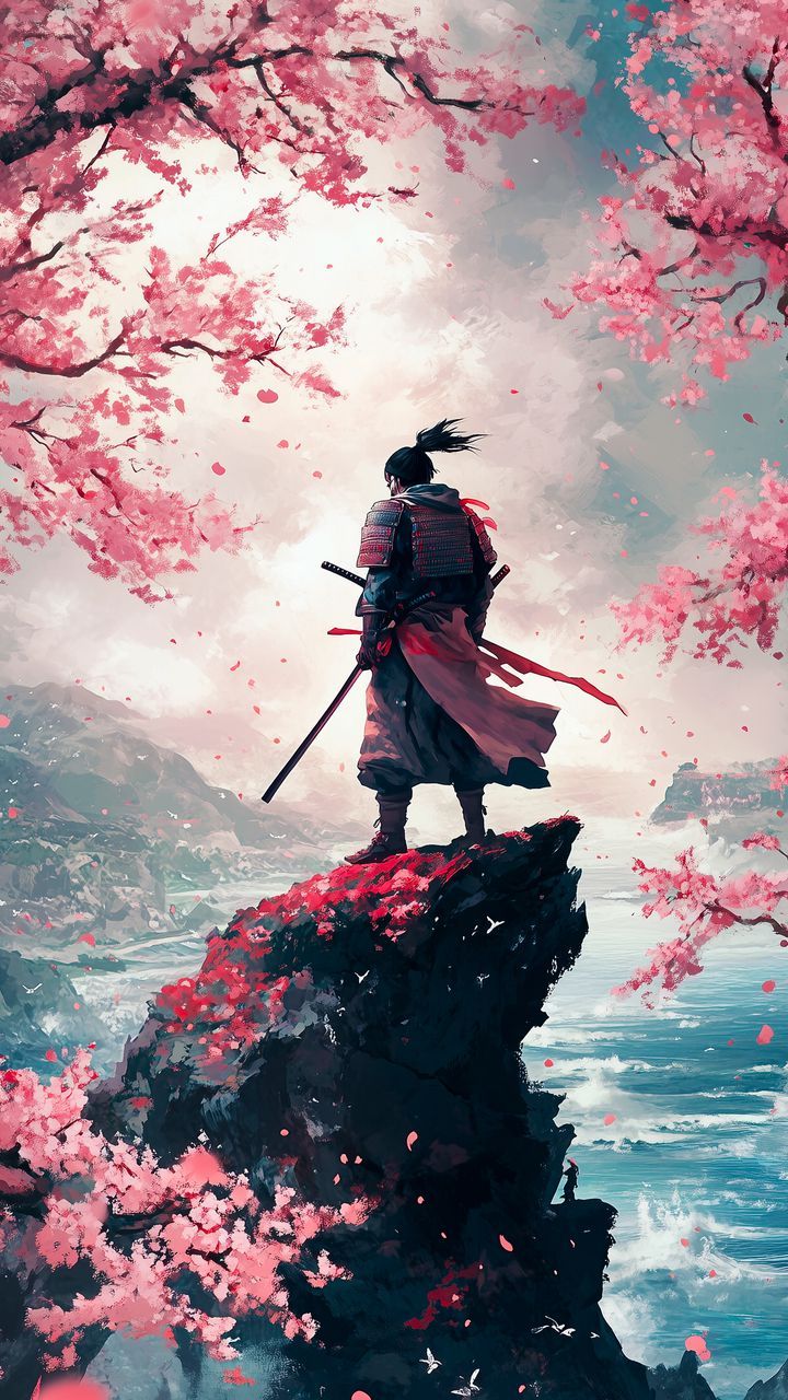 free 4K wallpaper samurai, sakura, rock, art